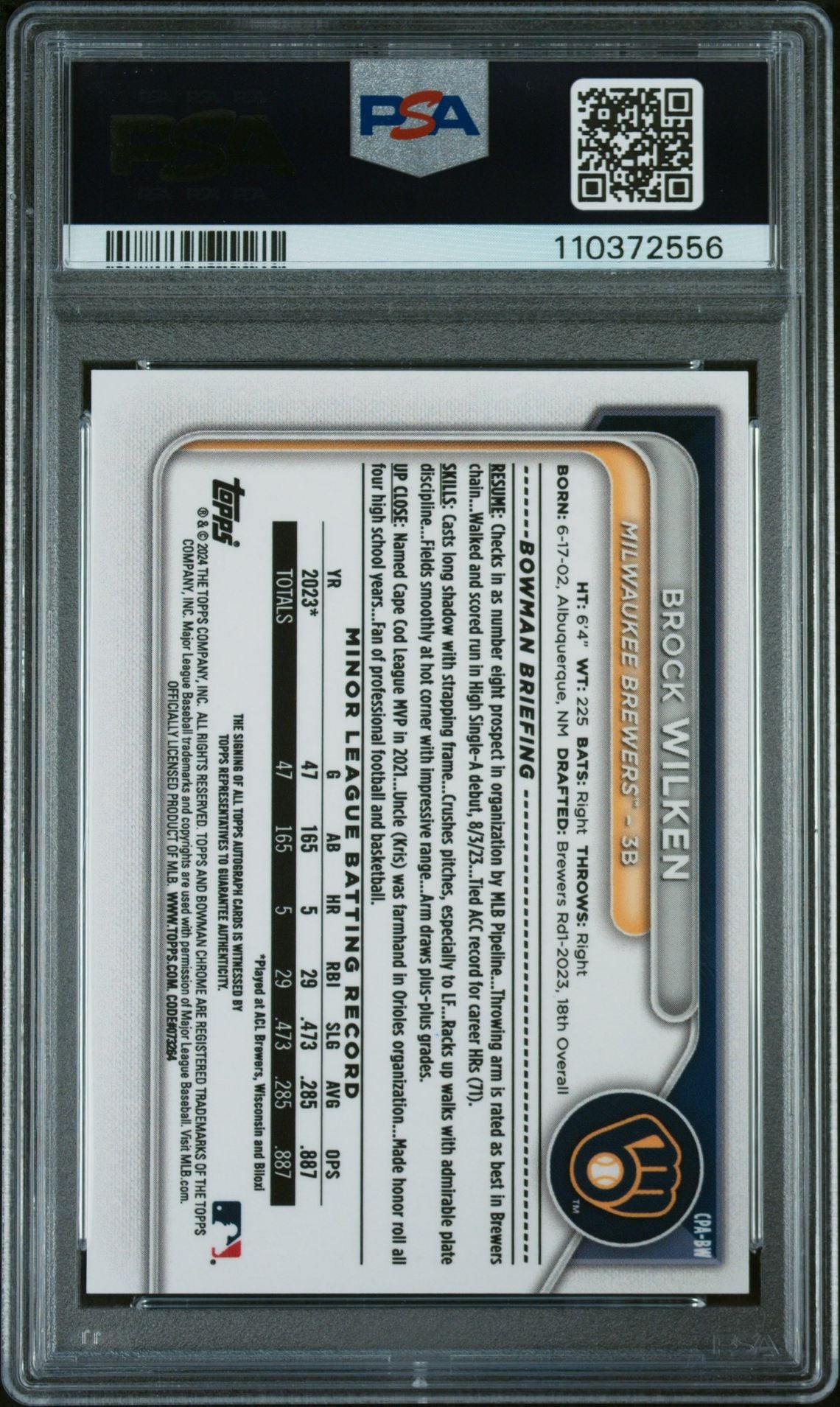 2024 Bowman Chrome Gold Shim Brock Wilken #CPA-BW Auto /50 PSA 9