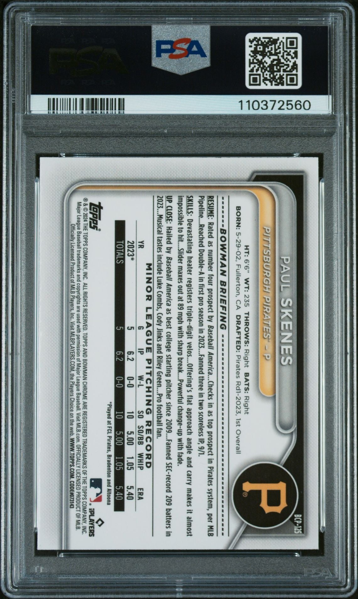 2024 Bowman Chrome Prospects Lava Paul Skenes #BCP125 /399 PSA 9