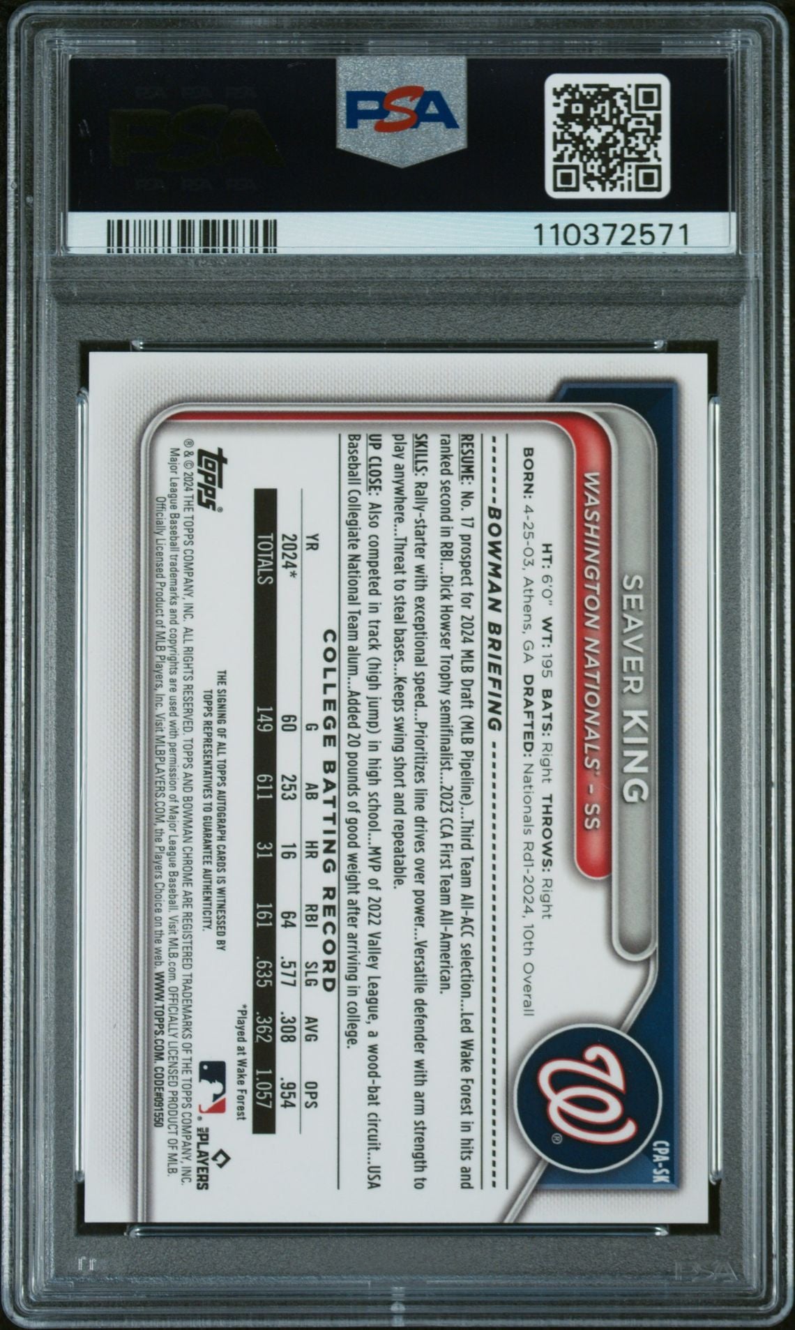 2024 Bowman Draft Chrome Seaver King #CPA-SK Auto PSA 10