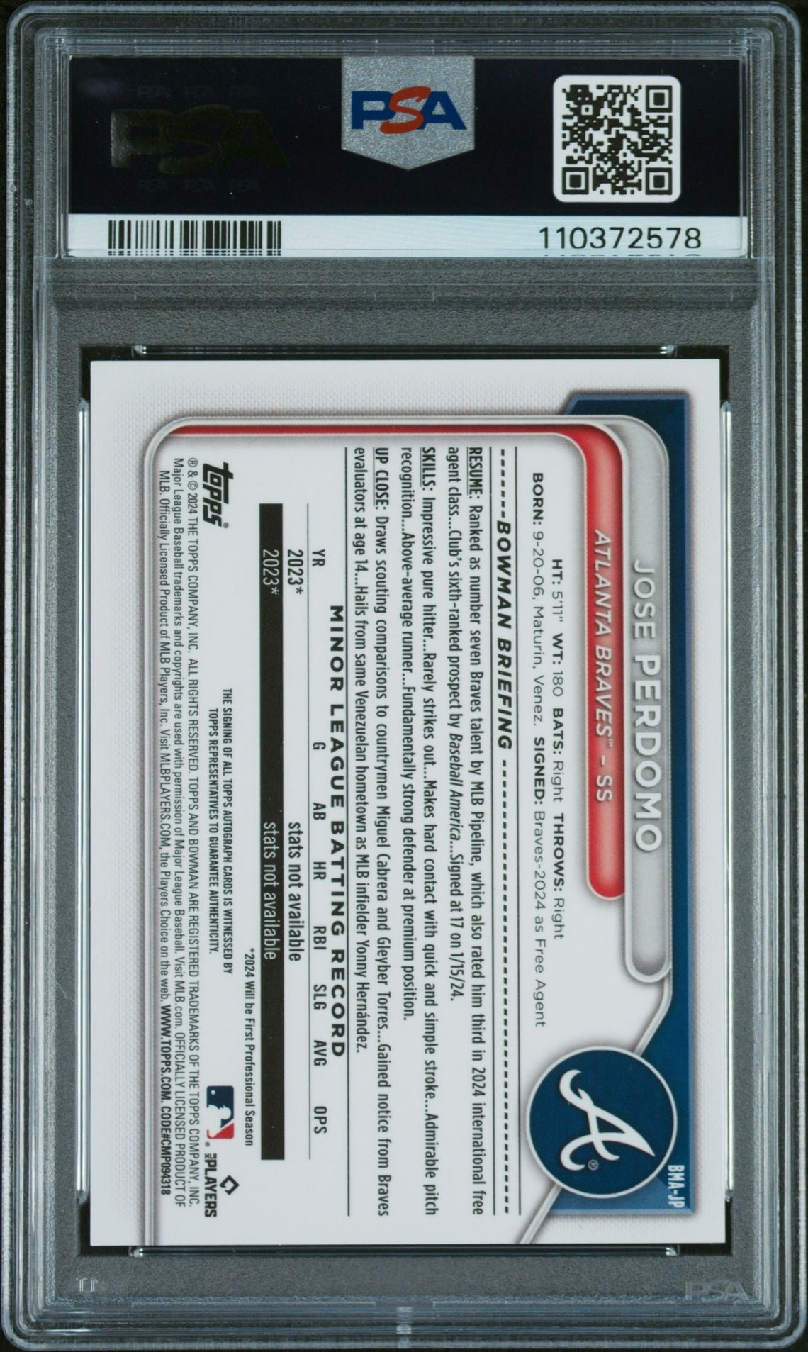 2024 Bowman Chrome Jose Perdomo #BMA-JP Auto PSA 10