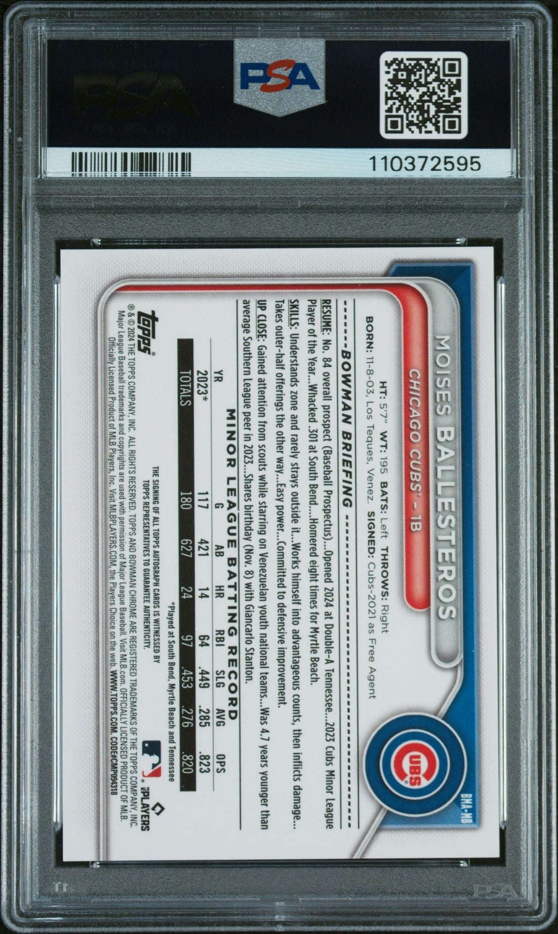 2024 Bowman Chrome Moises Ballesteros #MB Auto PSA 7