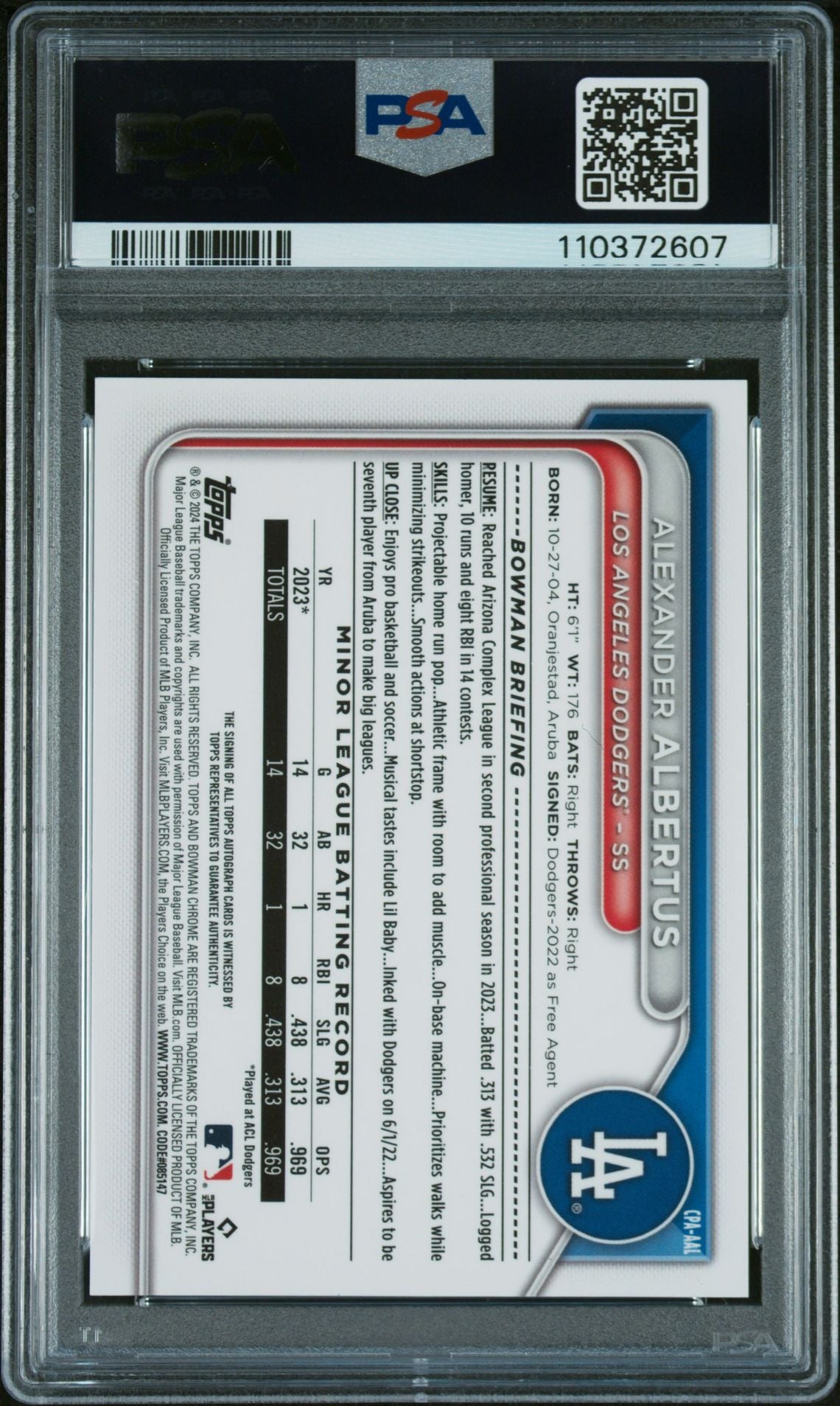 2024 Bowman Chrome Blue Refractor Alexander Albertus #CPAAAL Auto /150 PSA 9