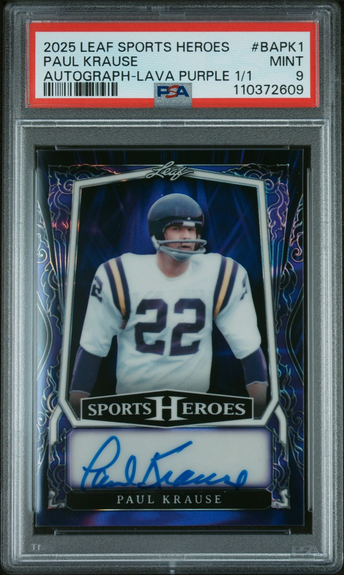 2025 Leaf Sports Heroes Lava Purple Paul Krause #BAPK1 Auto 1/1 PSA 9