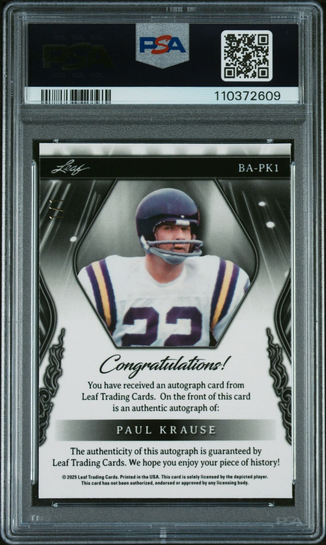 2025 Leaf Sports Heroes Lava Purple Paul Krause #BAPK1 Auto 1/1 PSA 9
