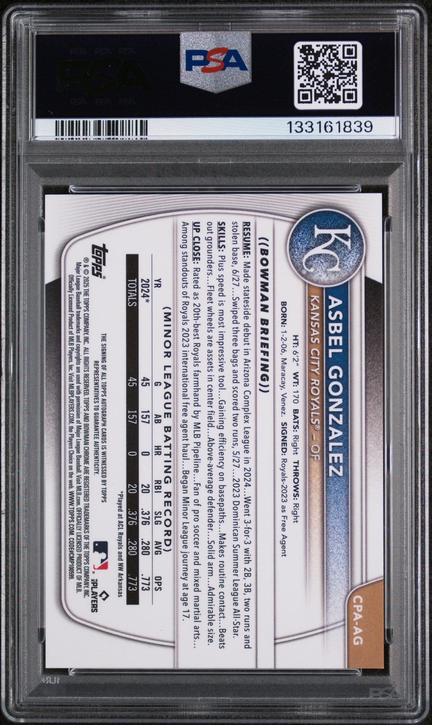 2025 Bowman Chrome Prospect Autograph Green Refractor Asbel Gonzalez #CPAAG /99 PSA 9