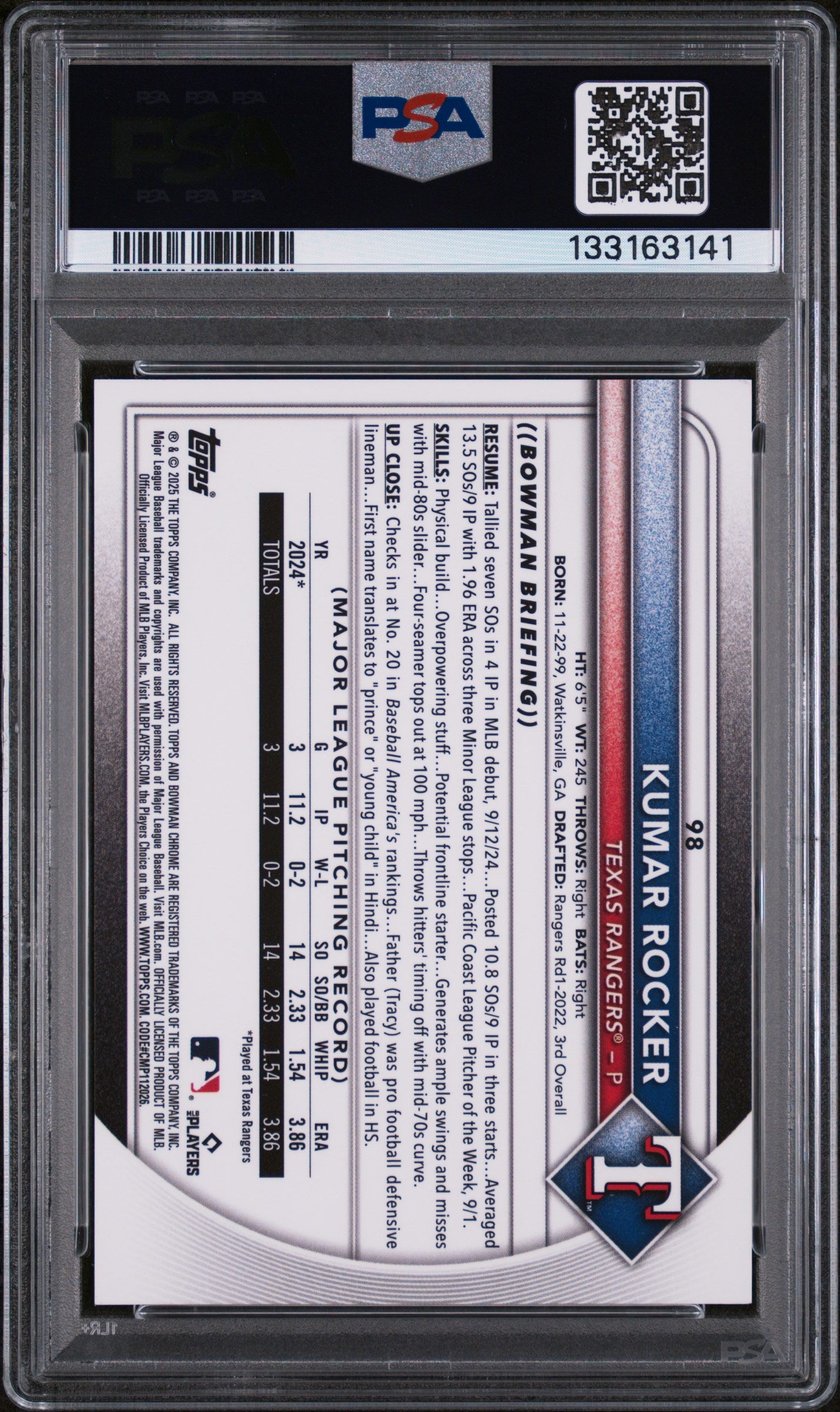 2025 Bowman Chrome Gold Geometric Kumar Rocker #98 /50 PSA 9