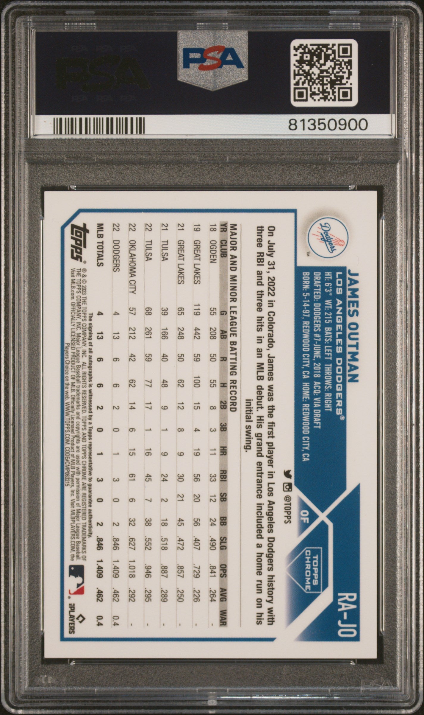 2023 Topps Chrome Rookie Autograph James Outman #RAJO PSA 10