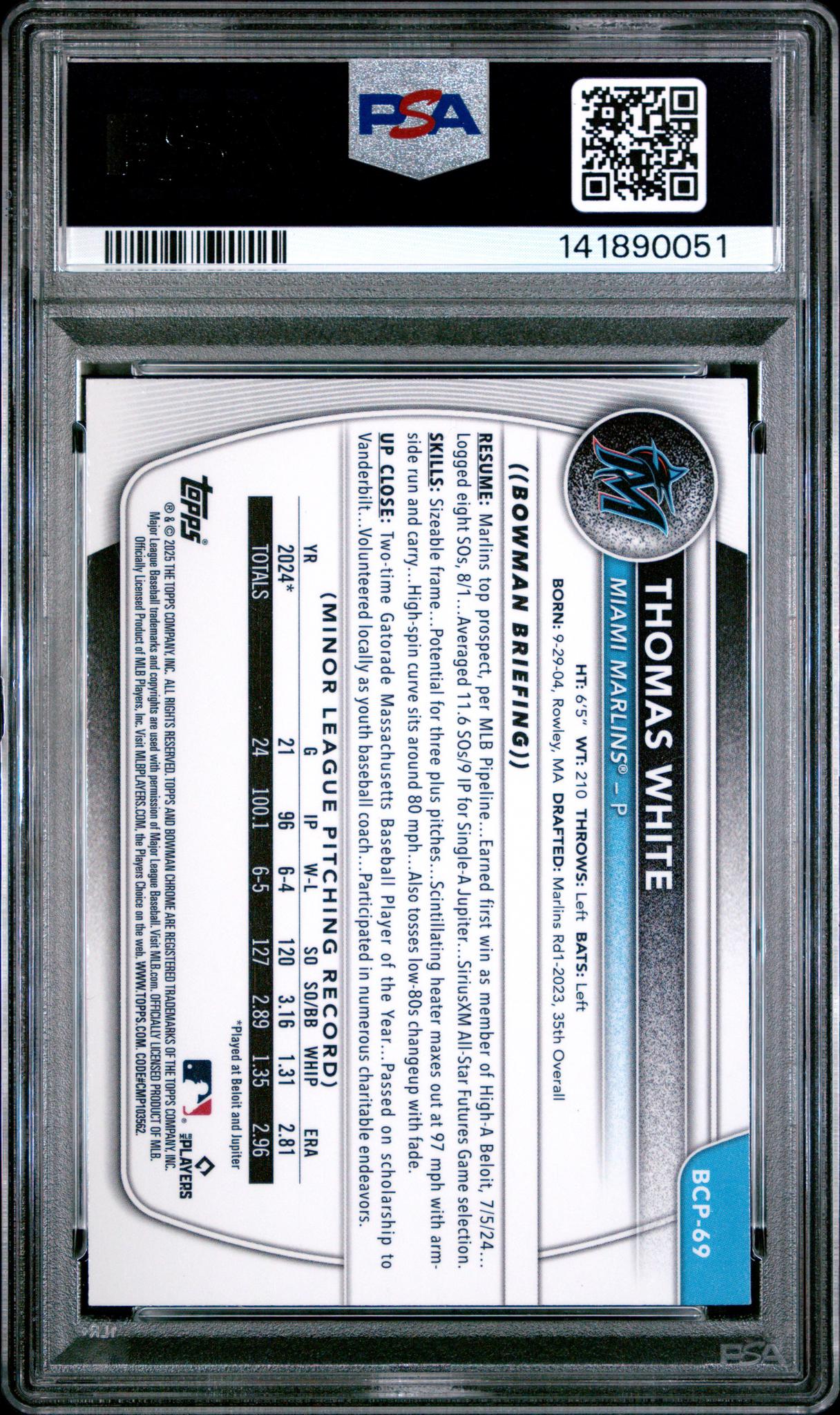 2025 Bowman Mega Box Chrome Prospects Blue Refractor Thomas White #69 PSA 10