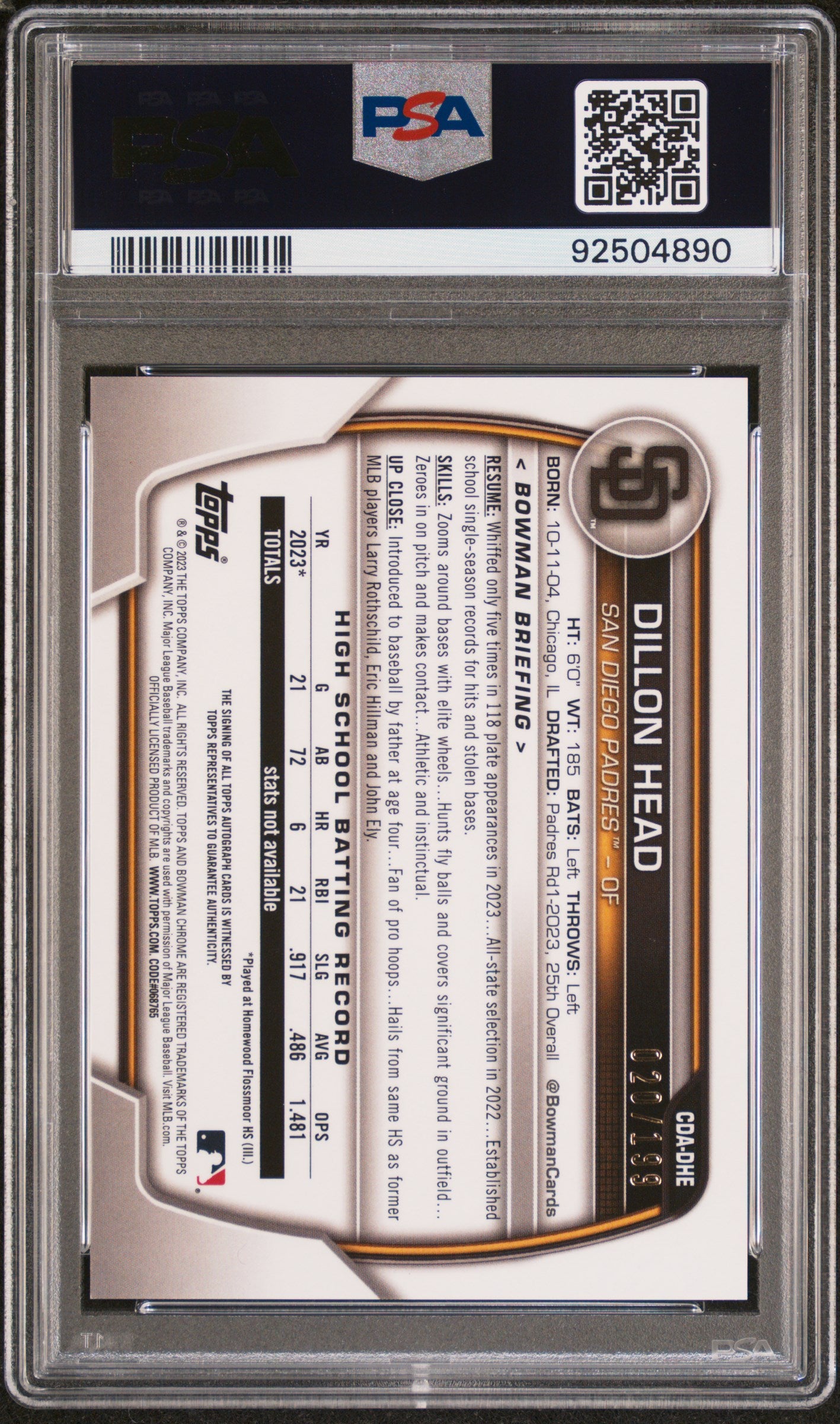 2023 Bowman Draft Sapphire Edition Chrome Prospect Autographs Dillon Head #CDADHE /199 PSA 10