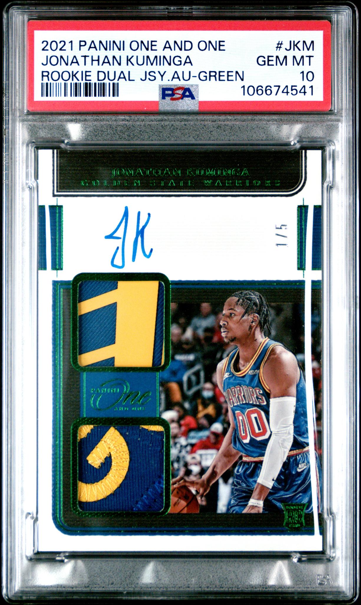 2021 Panini One and One Rookie Dual Jersey Autographs Green Jonathan Kuminga #JKM /5 PSA 10