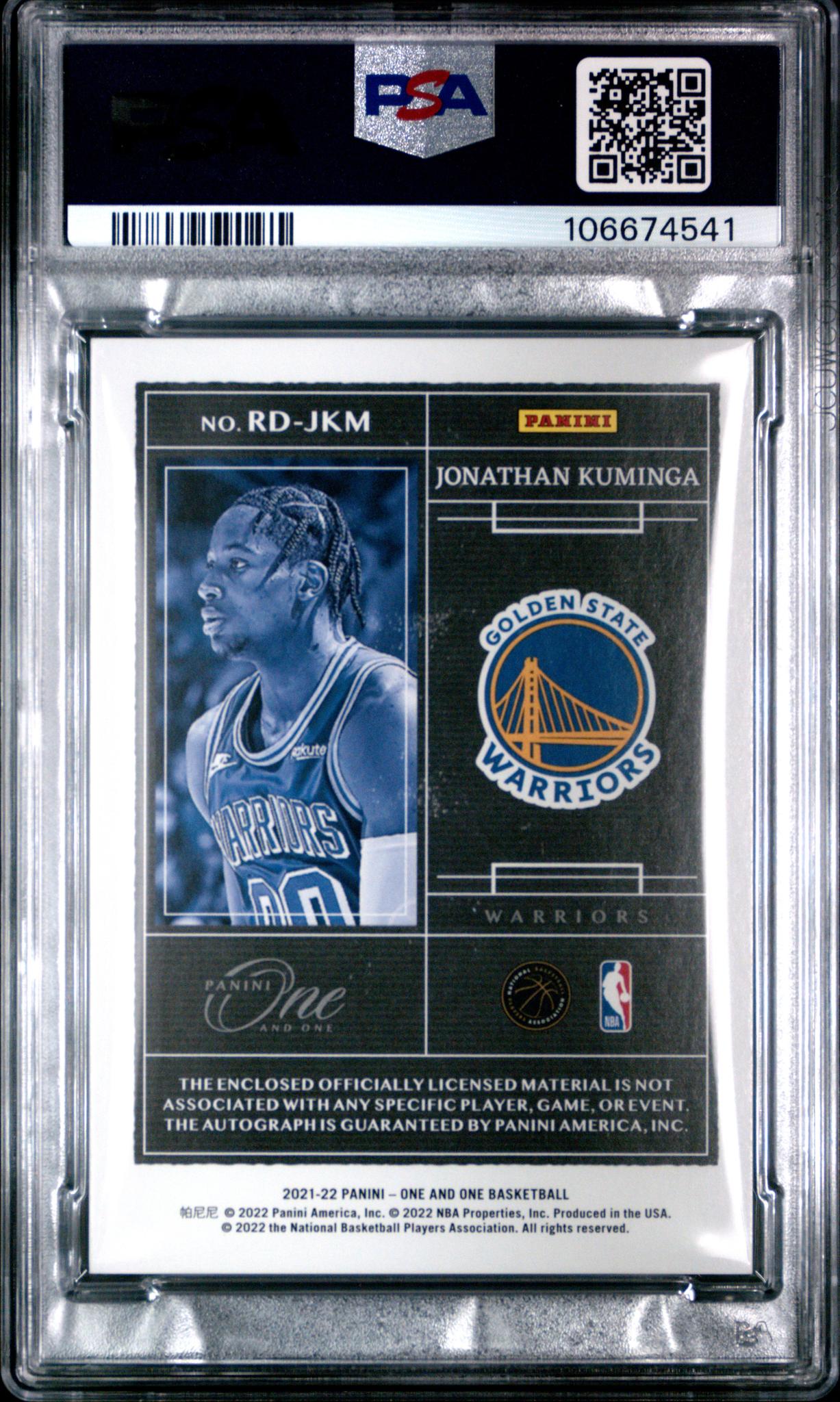 2021 Panini One and One Rookie Dual Jersey Autographs Green Jonathan Kuminga #JKM /5 PSA 10