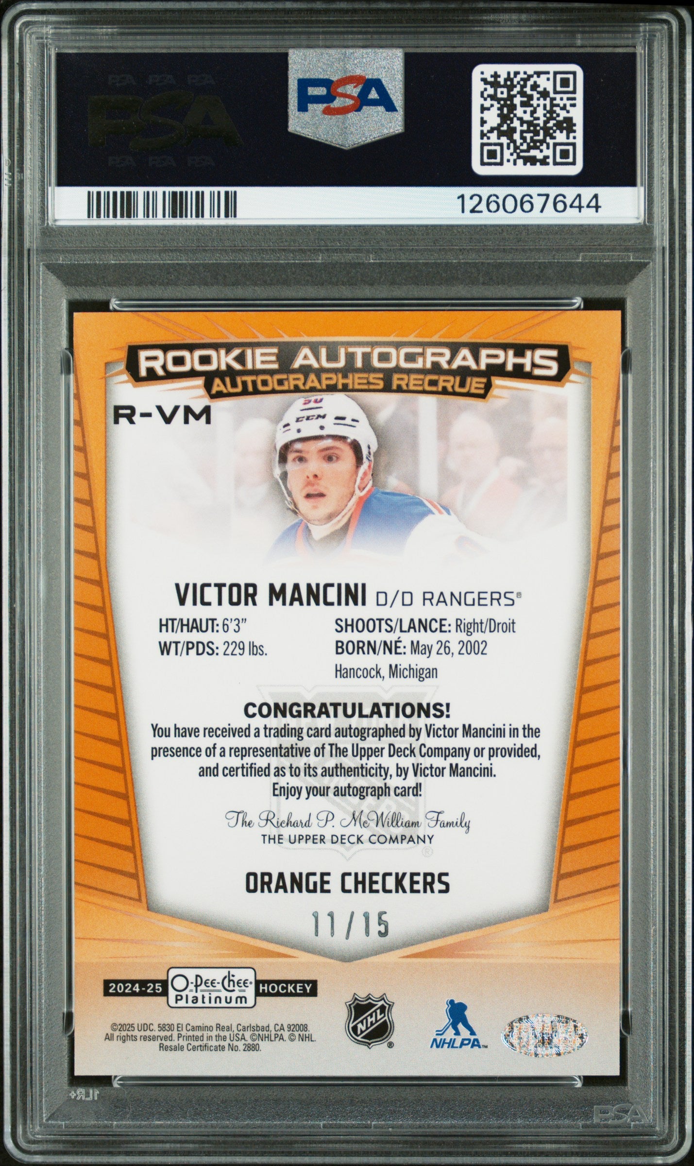 2024 Upper Deck O-Pee-Chee Platinum Rookie Autographs Orange Checkers Victor Mancini #RVM /15 PSA 10