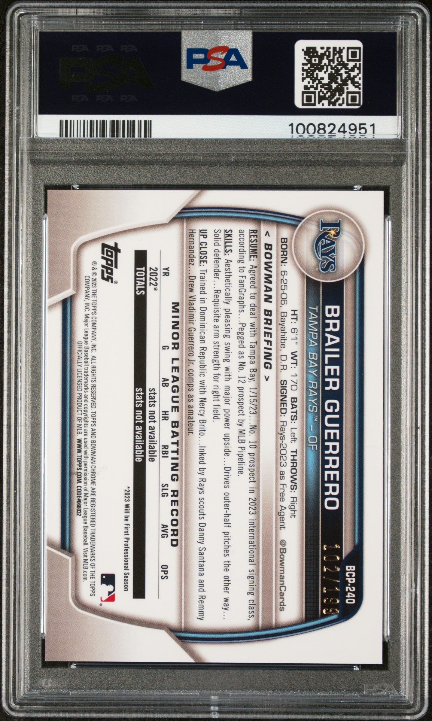 2023 Bowman Mega Box Chrome Pink Brailer Guerrero #240 /10217998 PSA 10