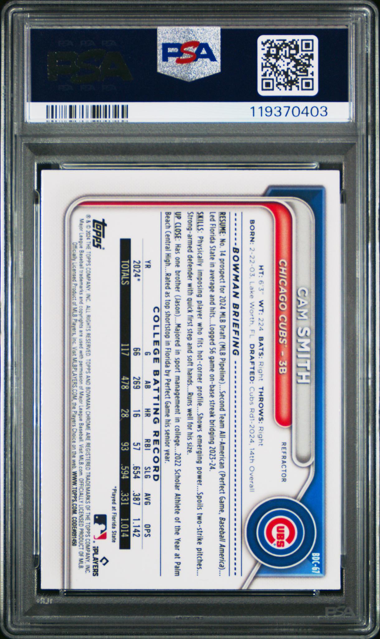 2024 Bowman Draft Chrome Refractor Cam Smith #BDC-67 PSA 10