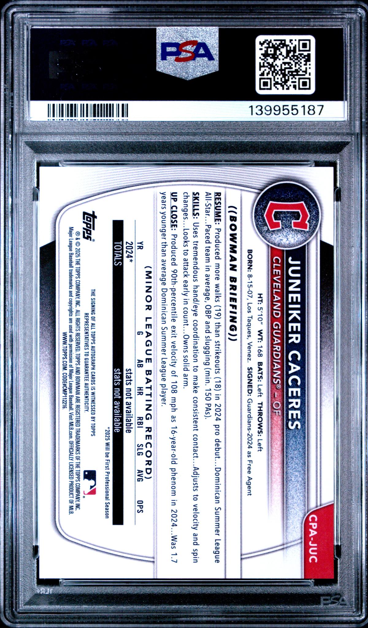 2025 Bowman Chrome Prospect Autograph Juneiker Caceres #CPAJUC PSA 10