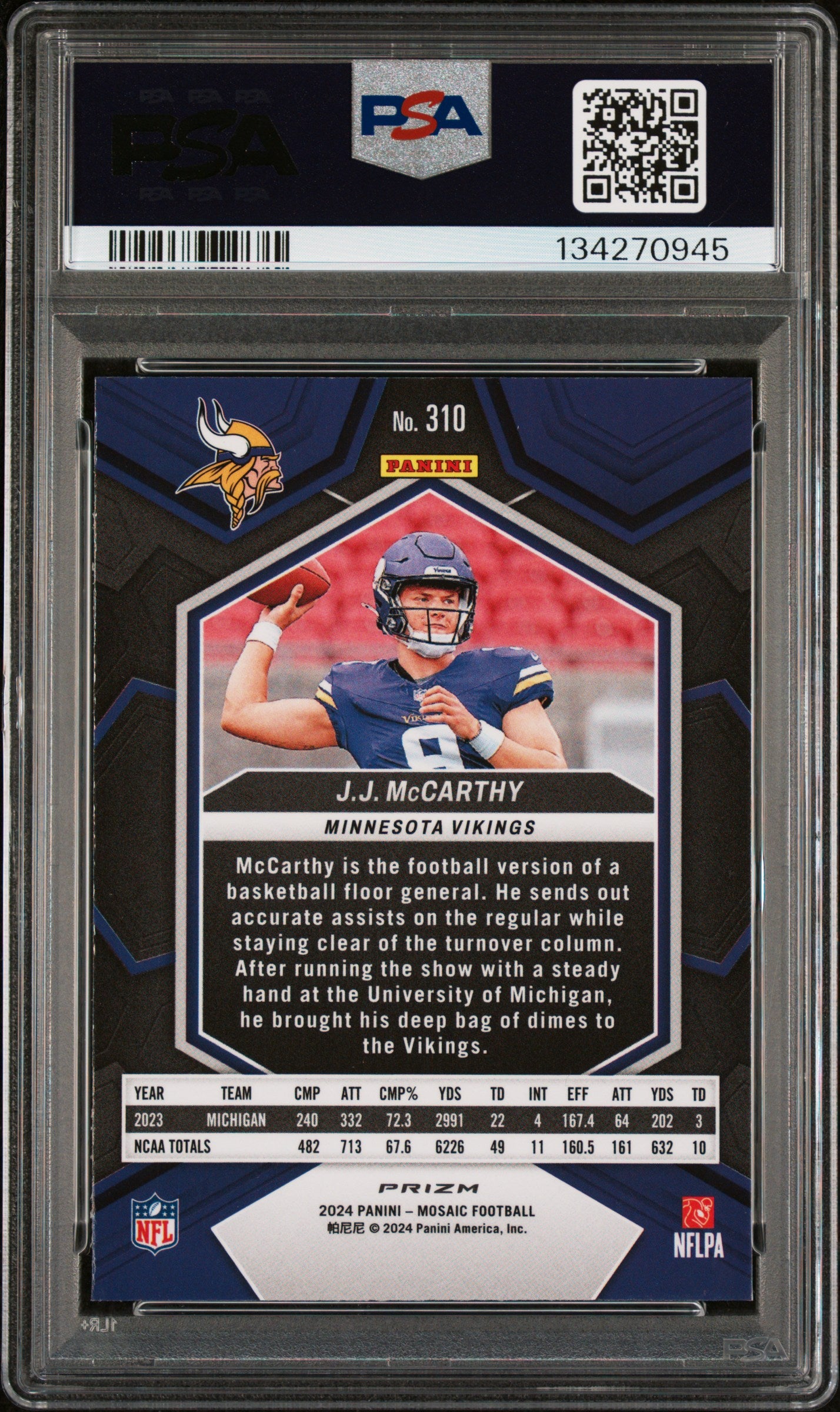 2024 Panini Mosaic Reactive Yellow JJ Mccarthy #310 PSA 8