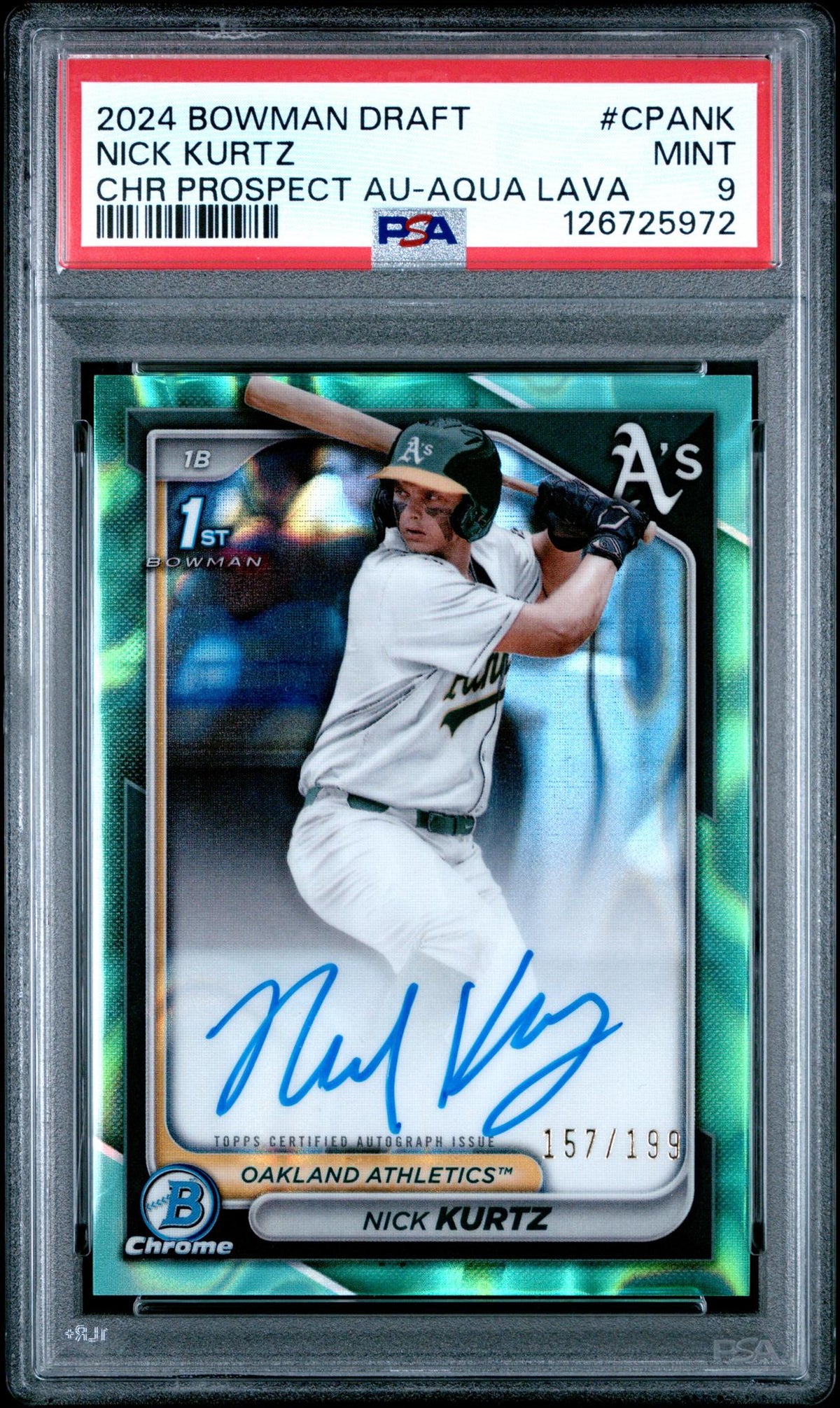 2024 Bowman Draft Chrome Prospect Autograph Aqua Lava Nick Kurtz #CPANK /199 PSA 9