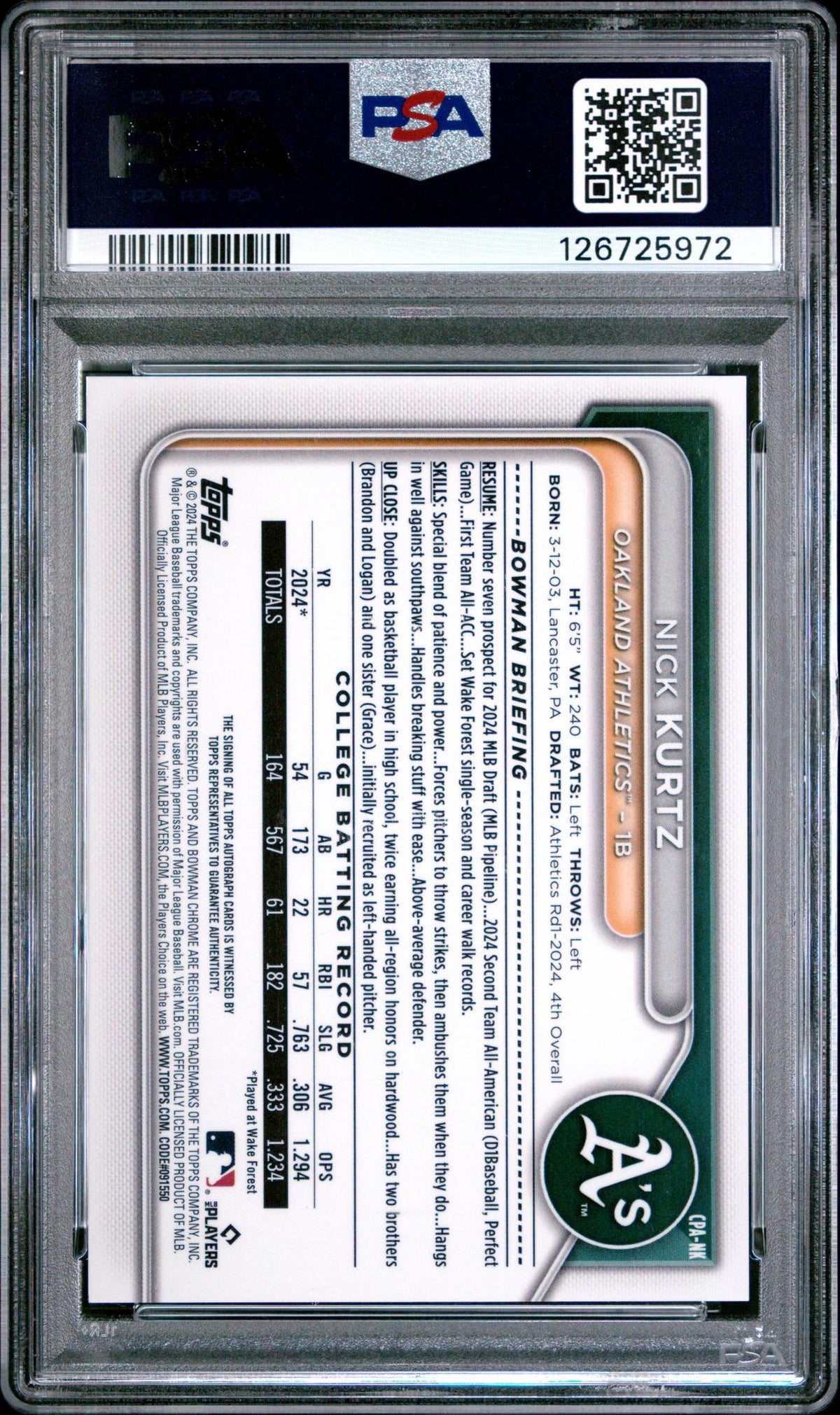 2024 Bowman Draft Chrome Prospect Autograph Aqua Lava Nick Kurtz #CPANK /199 PSA 9