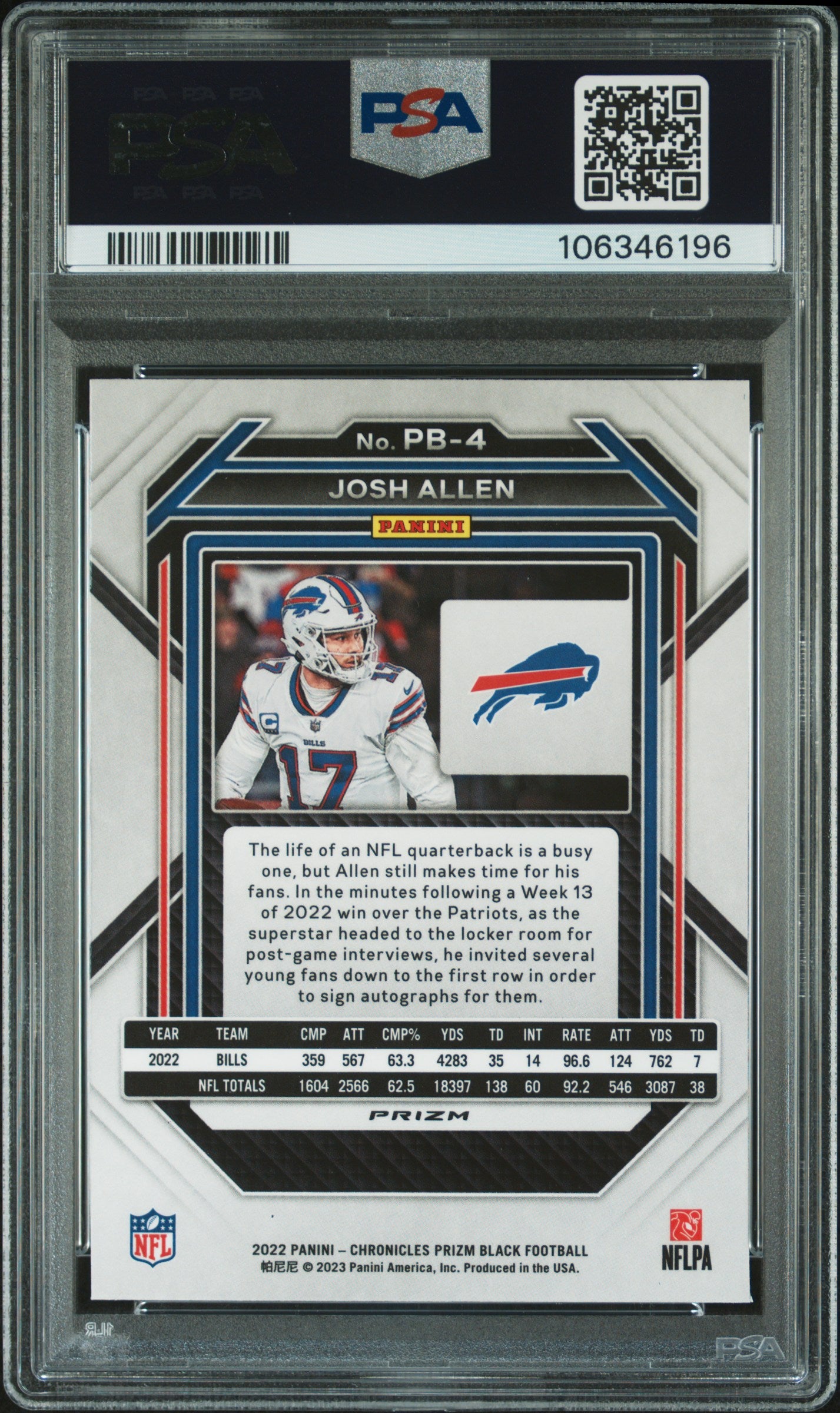 2022 Panini Chronicles Prizm Black Silver Josh Allen #4 PSA 10