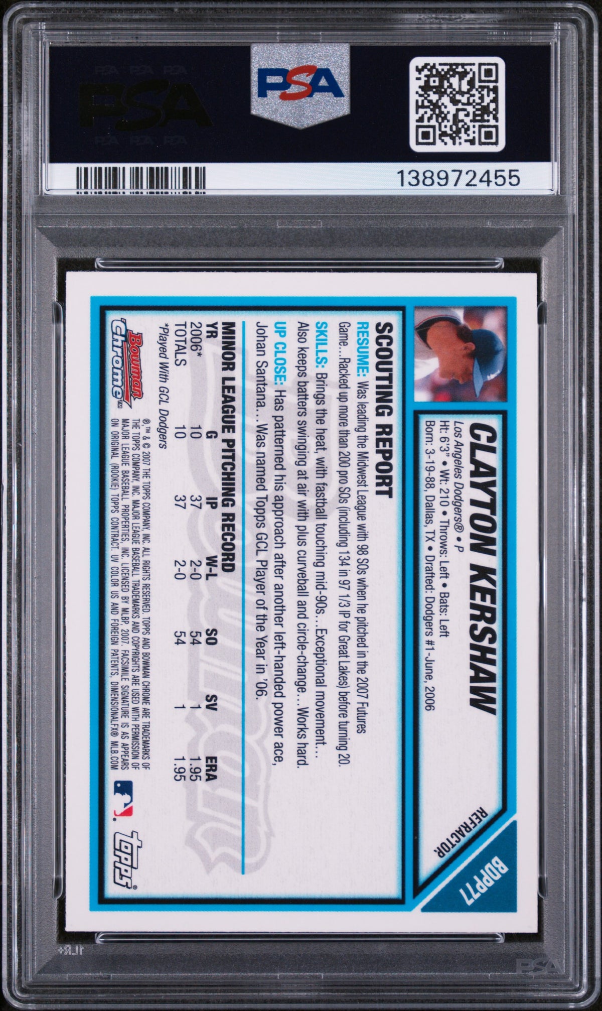 2007 Bowman Chrome Draft Future's Game Prospect Refractor Clayton Kershaw #BDPP77 PSA 8
