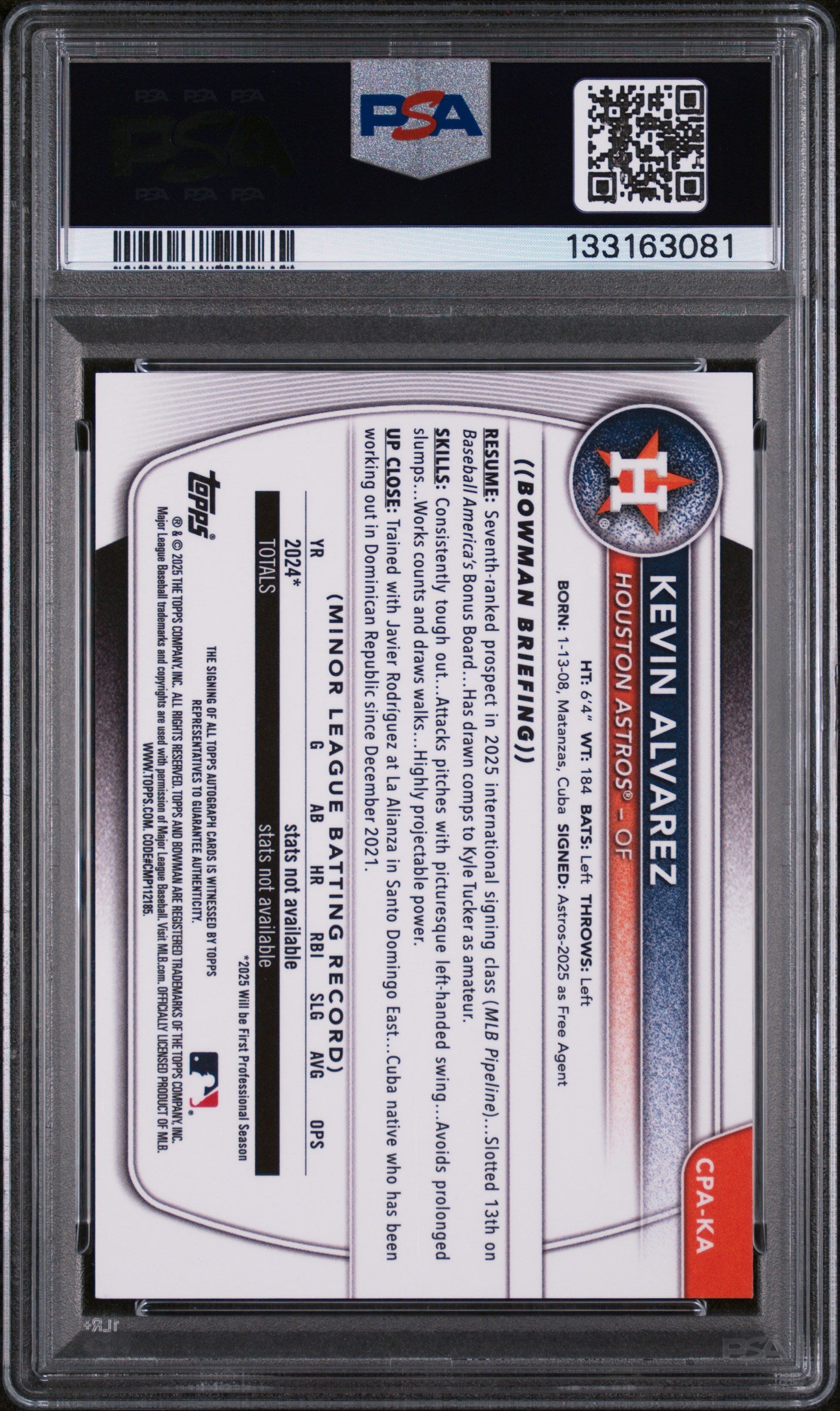 2025 Bowman Chrome Autograph Kevin Alvarez #CPA-KA PSA 9