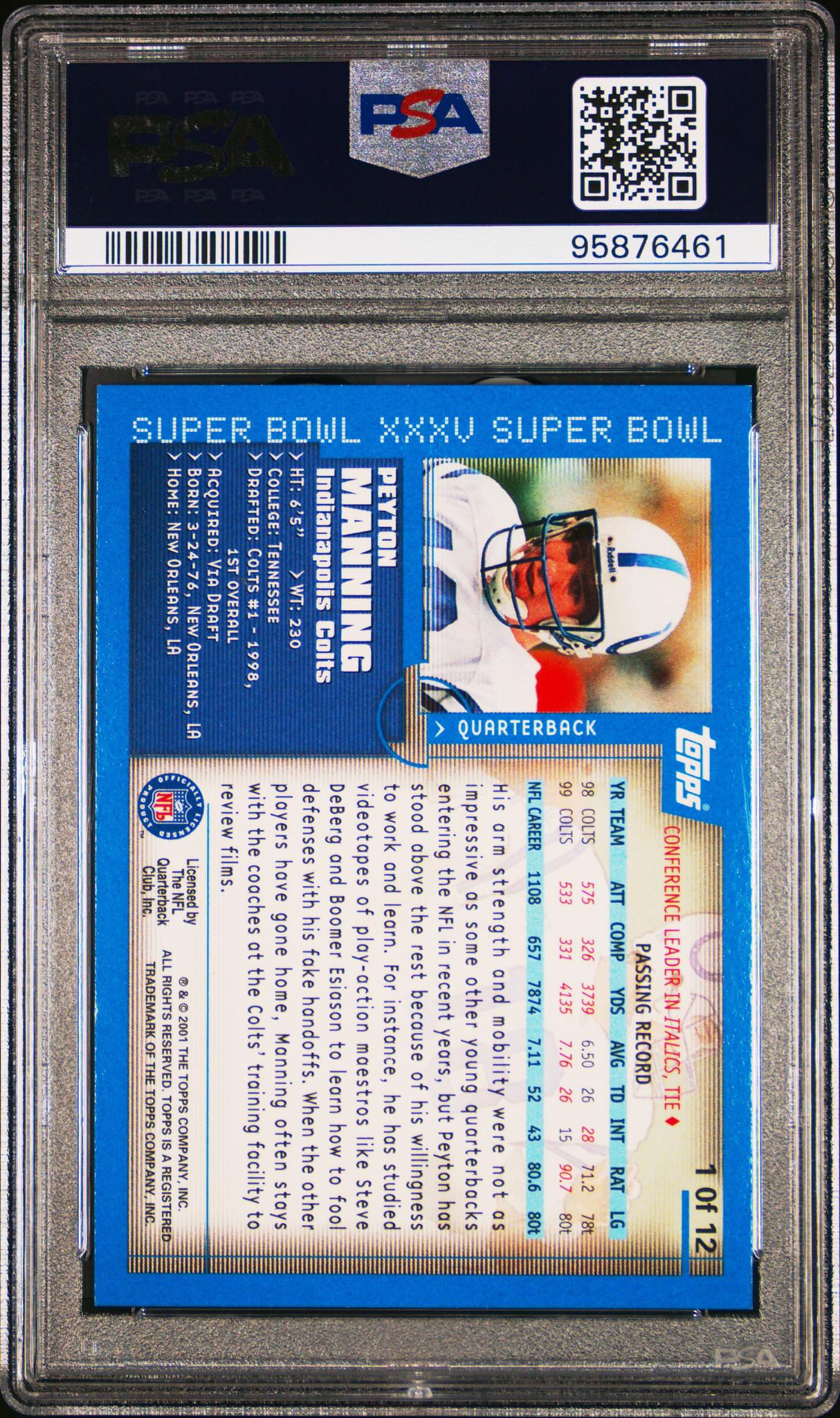 2001 Topps Super Bowl Xxxv Peyton Manning #1 PSA 9