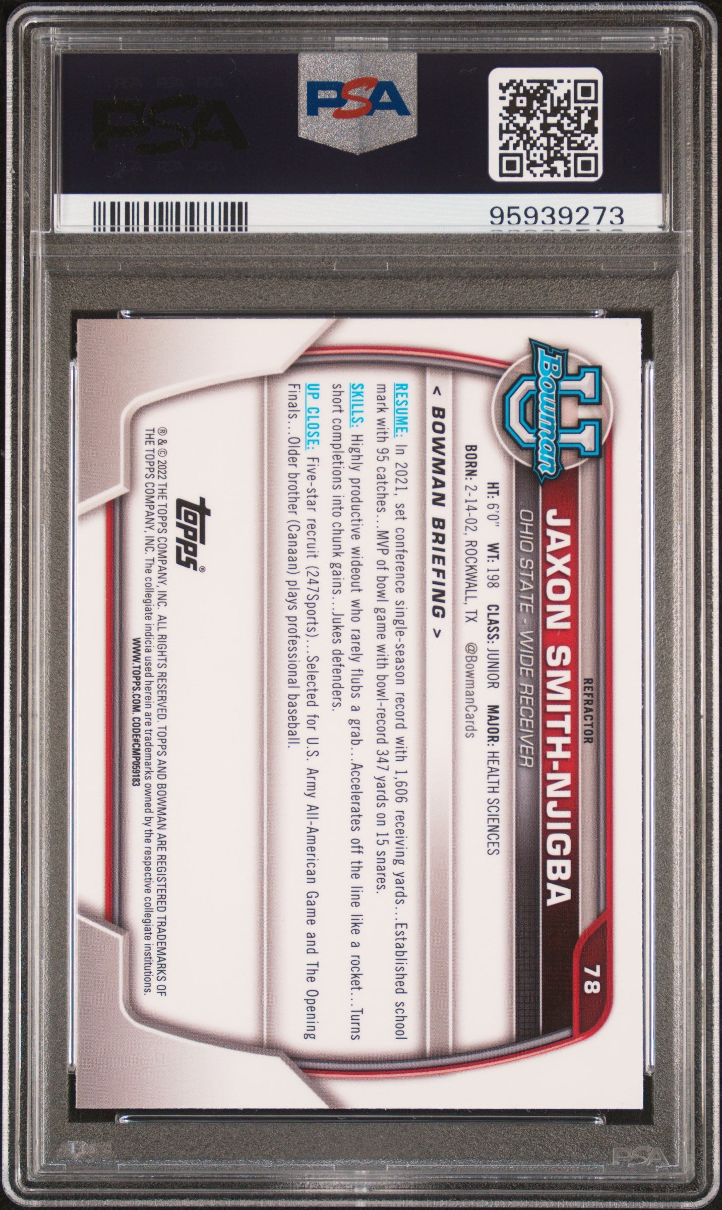 2022 Bowman Chrome University Refractors Jaxon Smith-Njigba #78 PSA 10