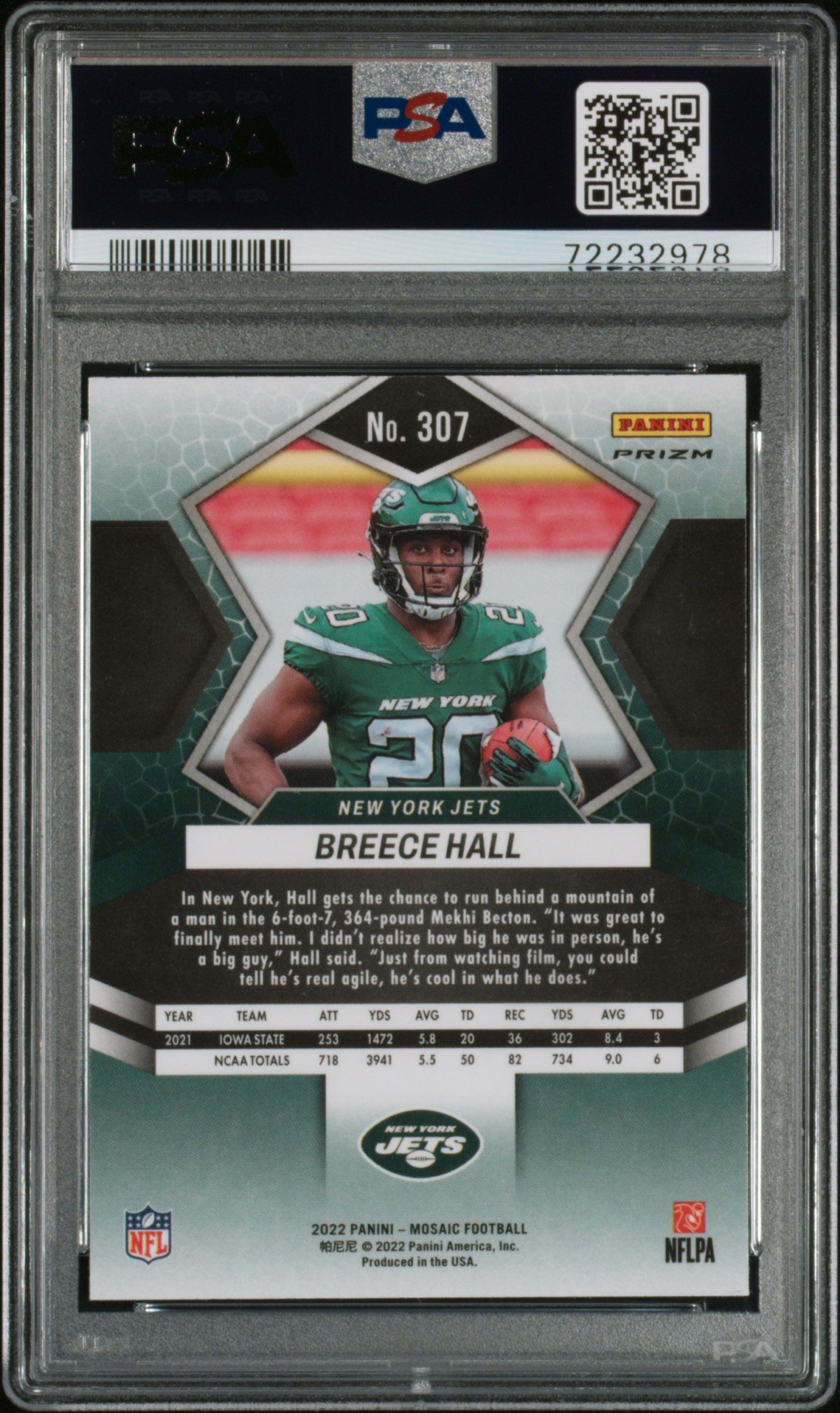 2022 Panini Mosaic Green Mosaic Prizm Breece Hall #307 PSA 10