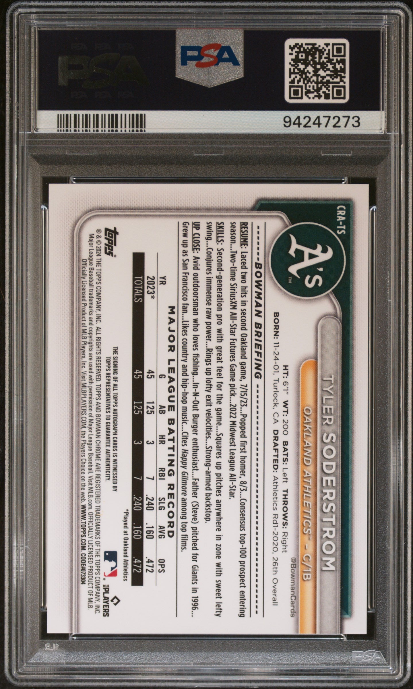 2024 Bowman Chrome Rookie Autograph Gold Refractor Tyler Soderstrom #CRATS /50 PSA 10