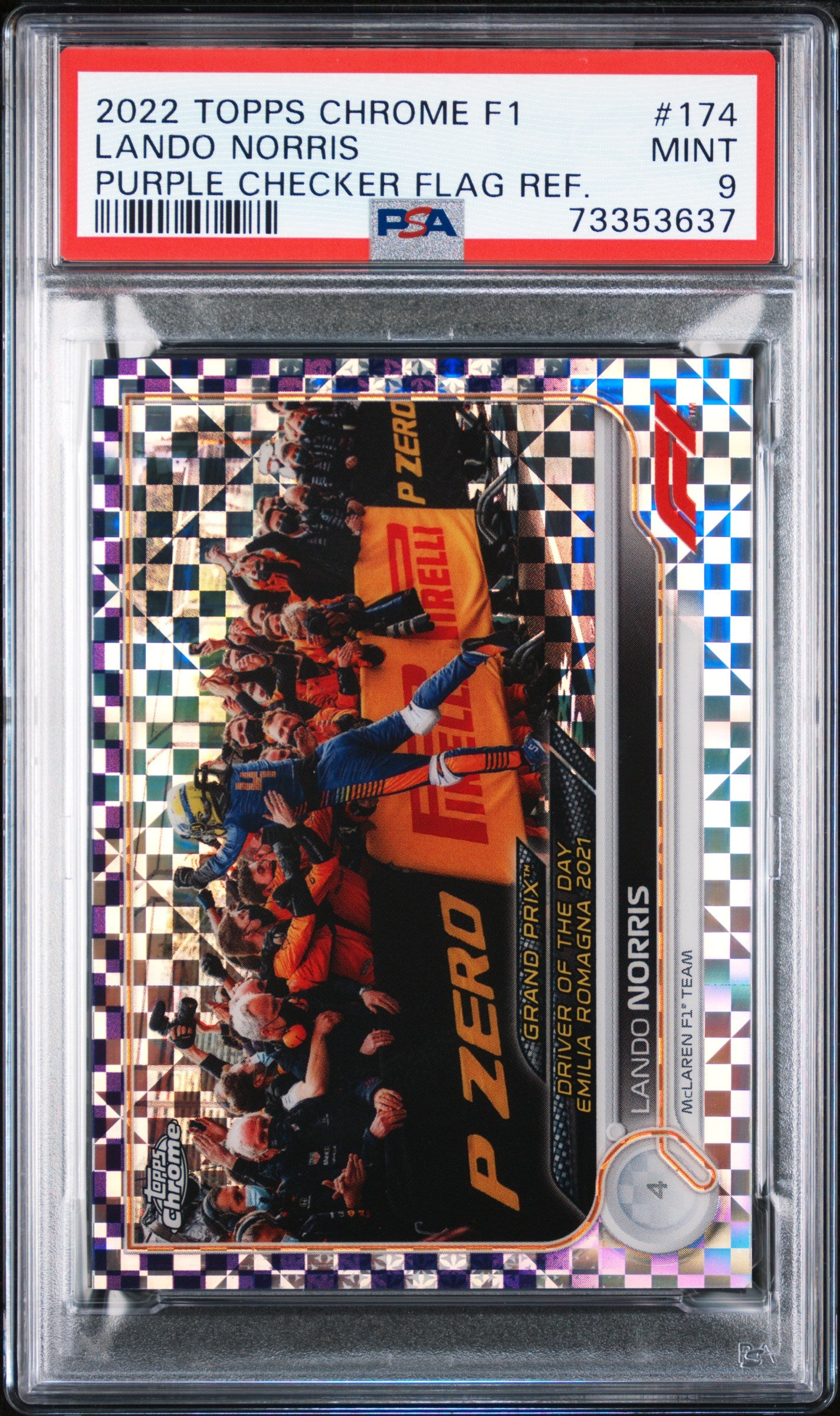 2022 Topps Chrome Formula 1 Purple Checker Flag Refractor Lando Norris #174 /199 PSA 9