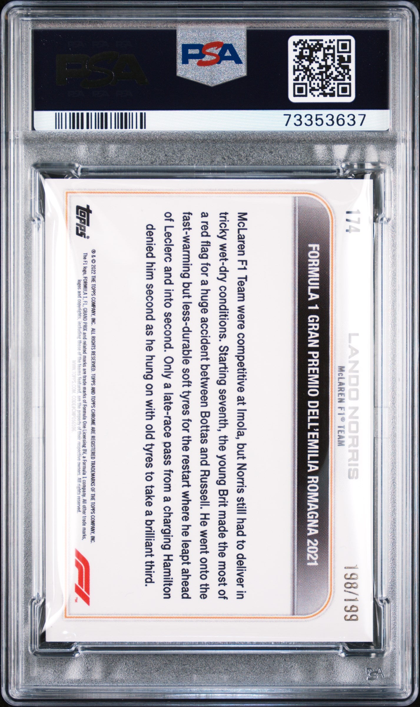 2022 Topps Chrome Formula 1 Purple Checker Flag Refractor Lando Norris #174 /199 PSA 9