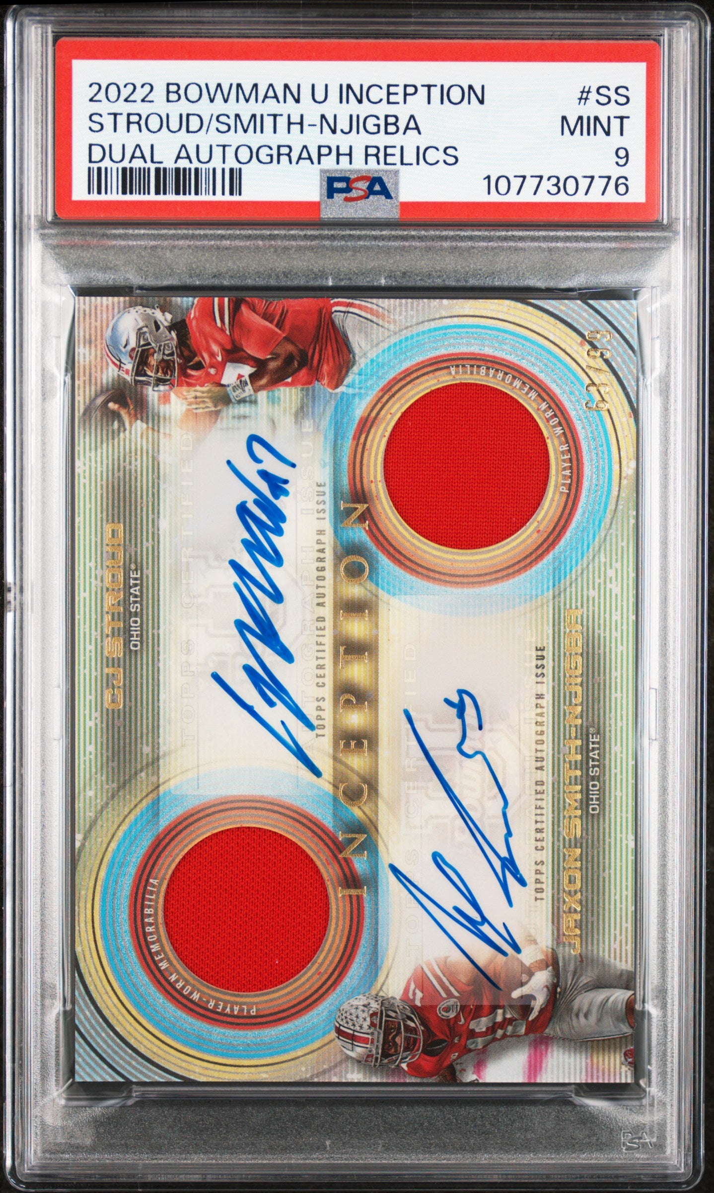 2022 Bowman Inception University Dual Autograph Relics Jaxon Smith-Njigba/Cj Stroud #DADRSS /99 /199 PSA 9