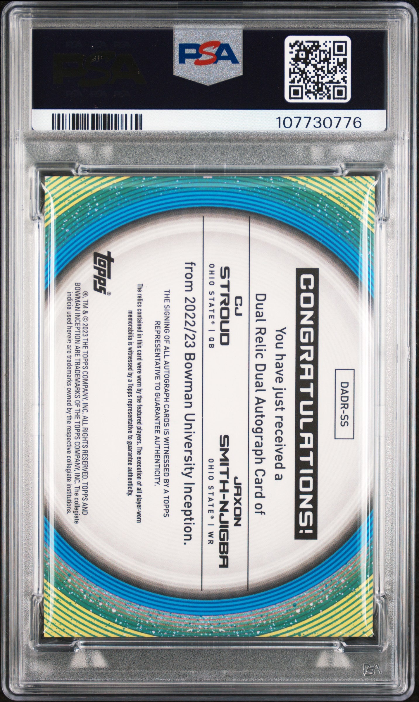 2022 Bowman Inception University Dual Autograph Relics Jaxon Smith-Njigba/Cj Stroud #DADRSS /99 /199 PSA 9