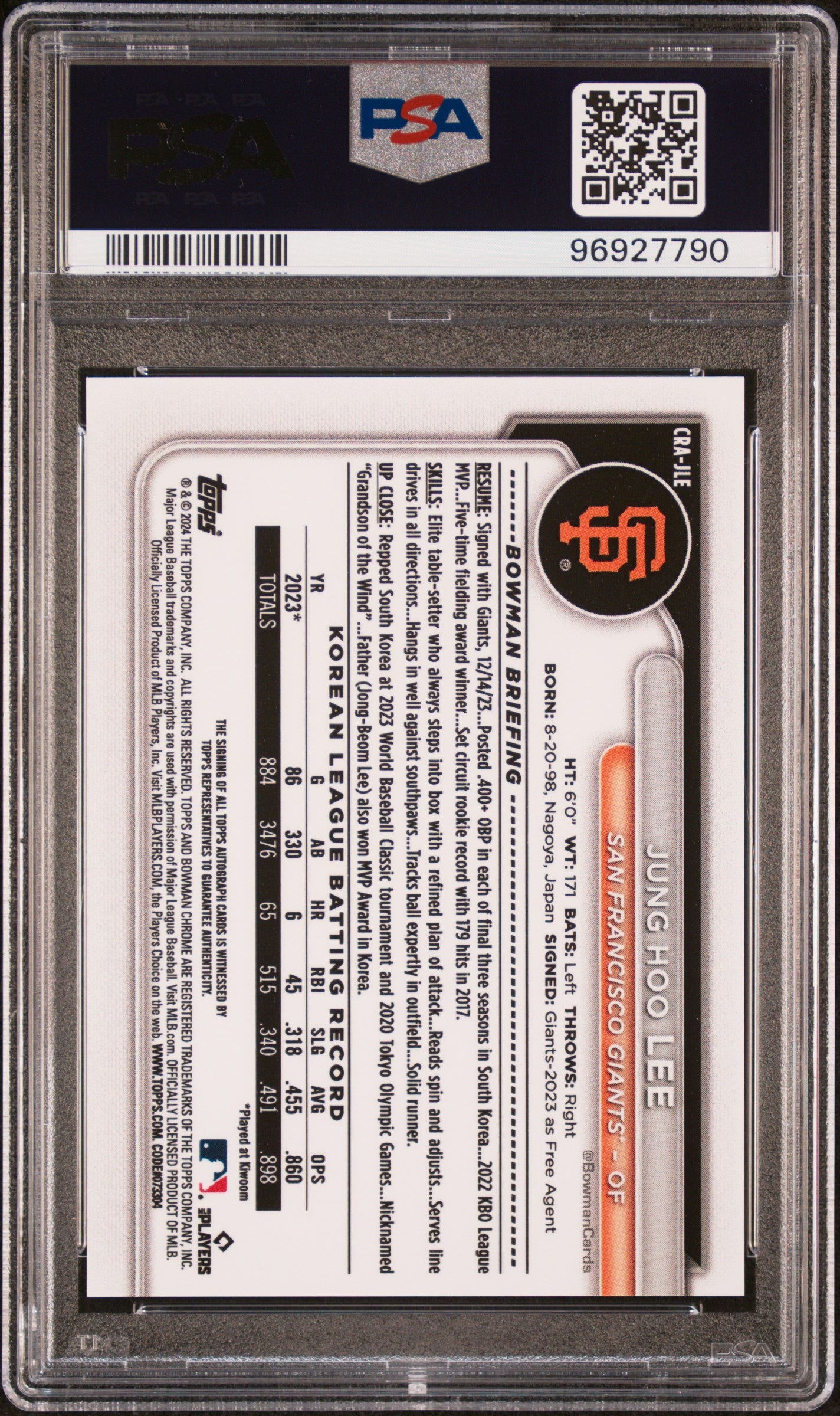 2024 Bowman Chrome Rookie Autographs Chrome Rookie Au-Blue Ref Jung Hoo Lee #CRAJLE /150 PSA 10