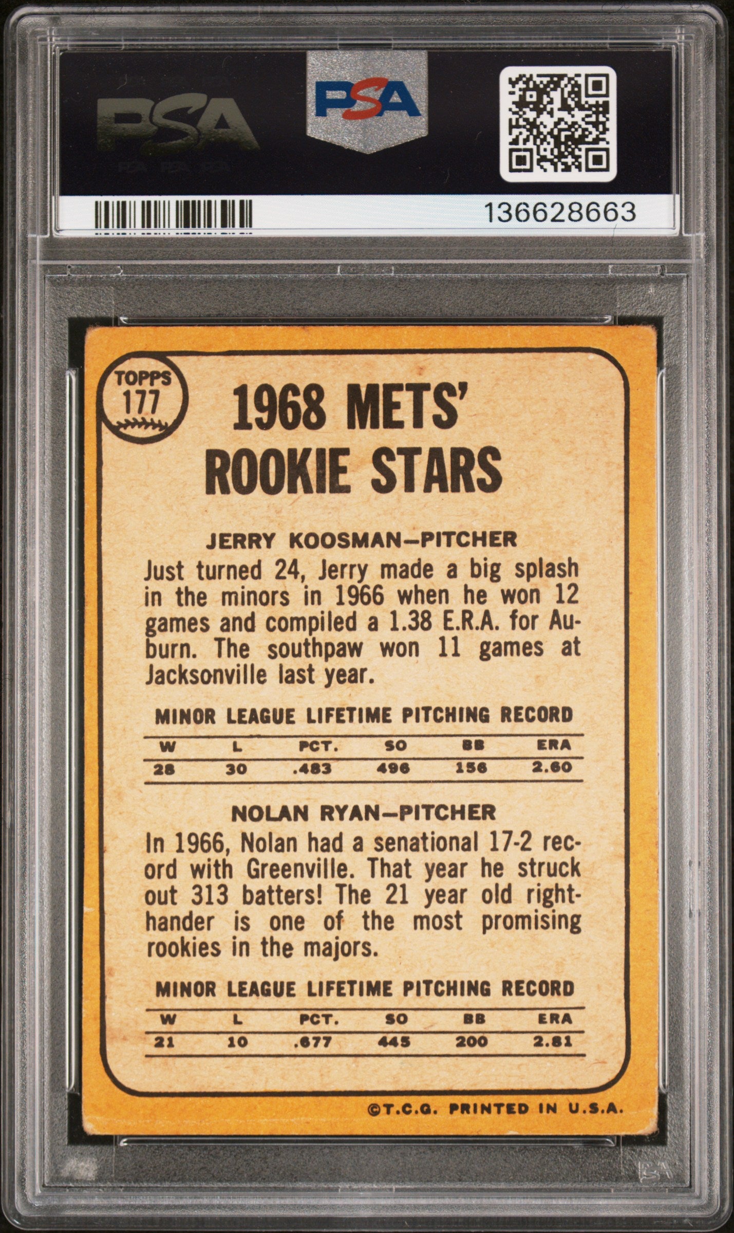 1968 Topps Mets Rookie Stars Jerry Koosman/Nolan Ryan #177 PSA 2