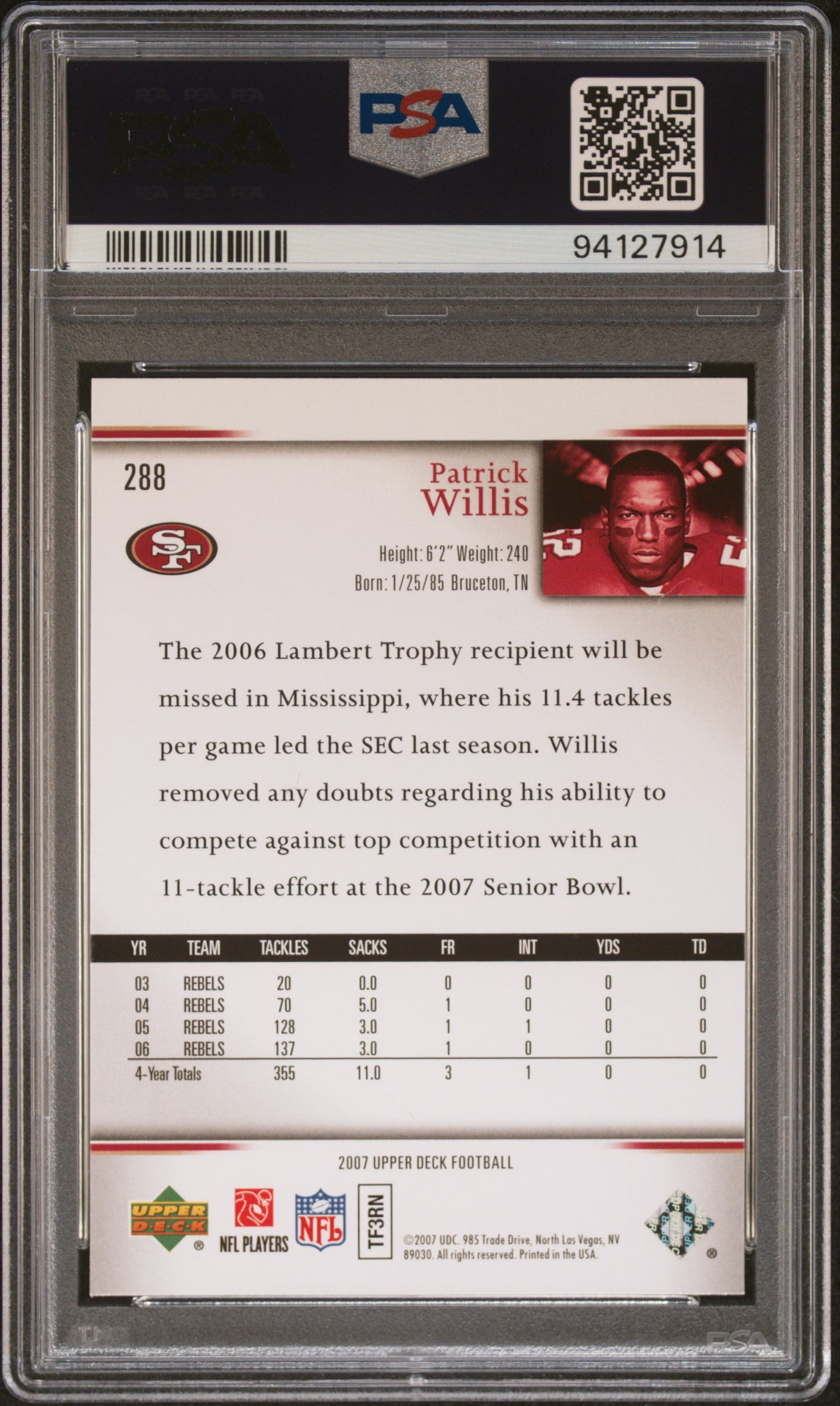 2007 Upper Deck Patrick Willis #288 PSA 9