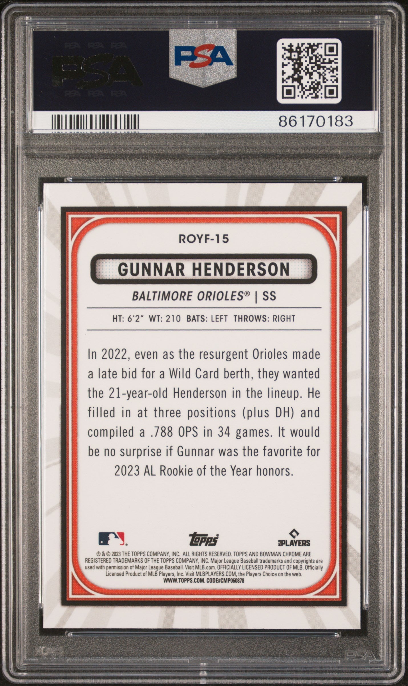 2023 Bowman Mega Box Chrome Rookie of the Year Favorites Gunnar Henderson #ROYF-15 PSA 10