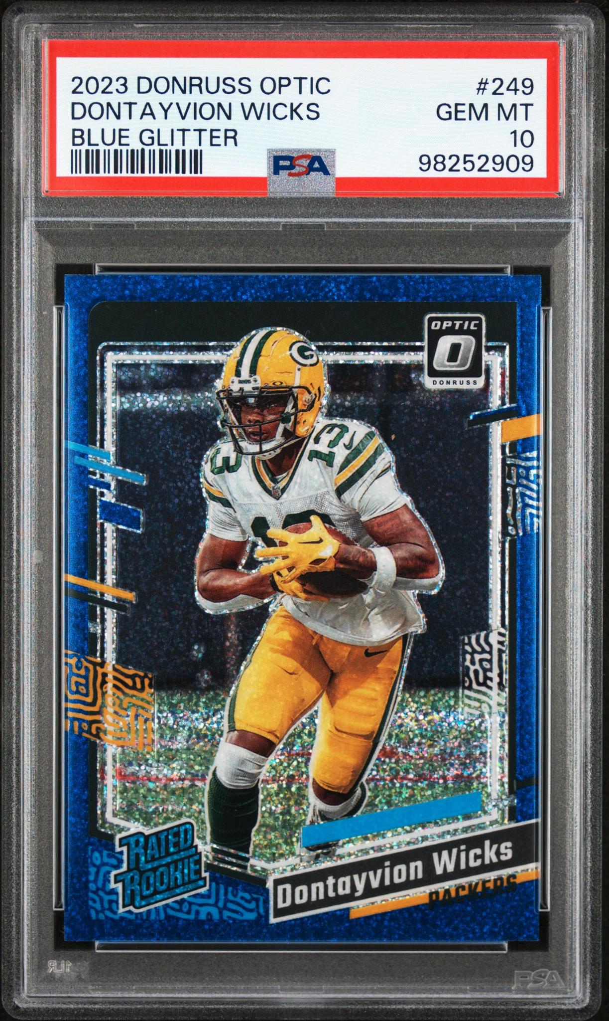 2023 Panini Donruss Optic Blue Glitter Dontayvion Wicks #249 PSA 10