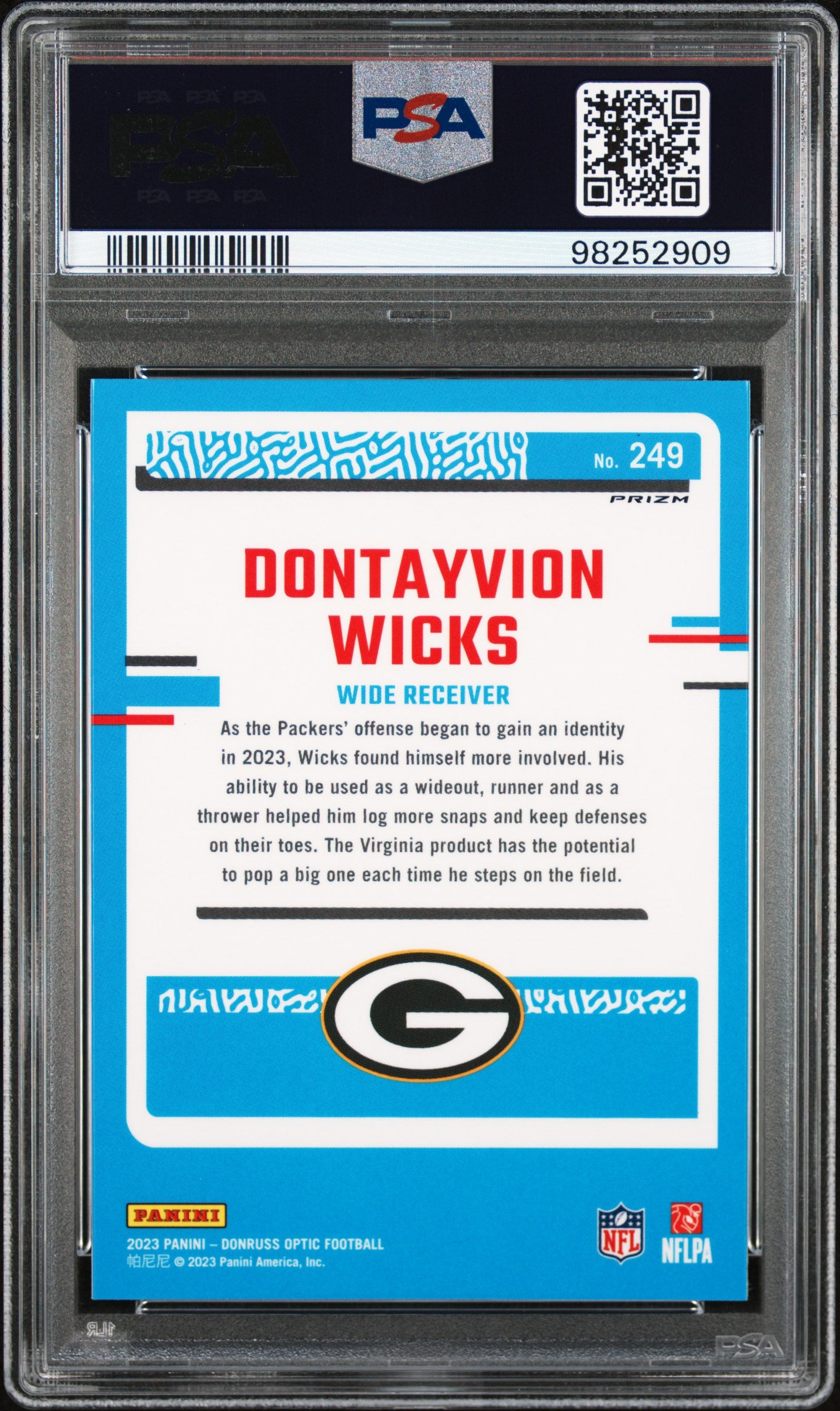 2023 Panini Donruss Optic Blue Glitter Dontayvion Wicks #249 PSA 10
