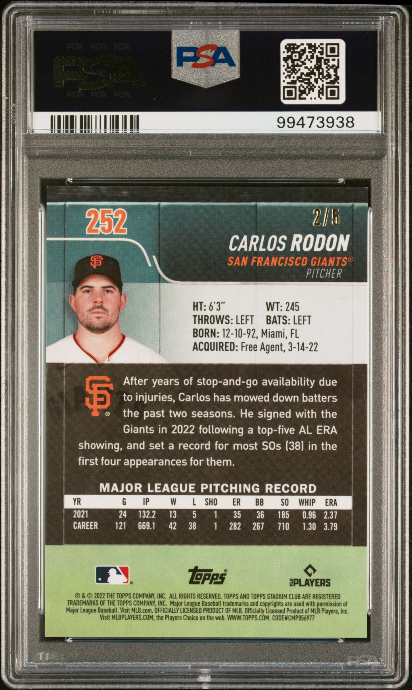2022 Topps Stadium Club Chrome Red Refractor Carlos Rodon #252 /5 PSA 10