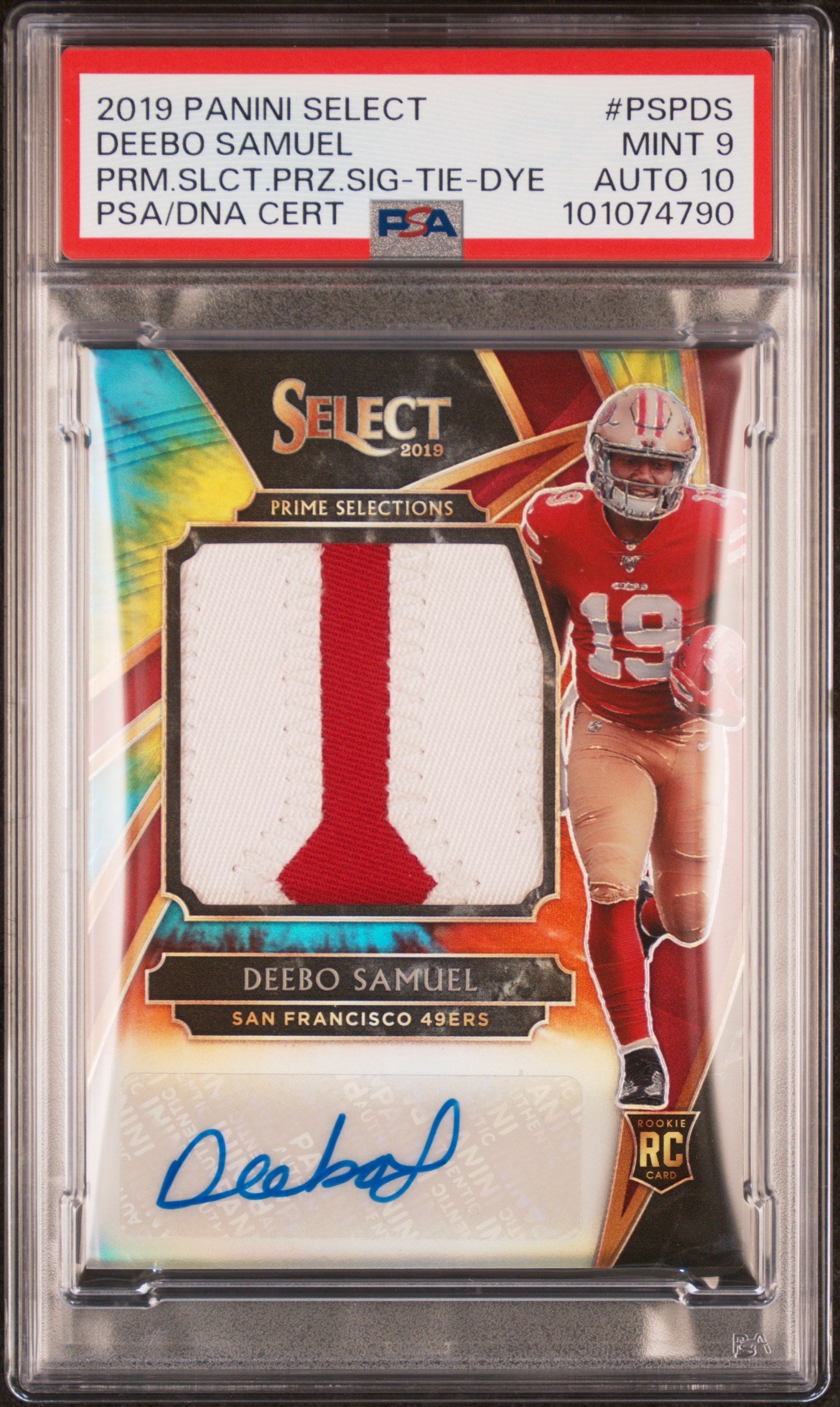 2019 Panini Select Prime Selections Prizm Signatures Tie-Dye Deebo Samuel #PSPDS /25 PSA 9