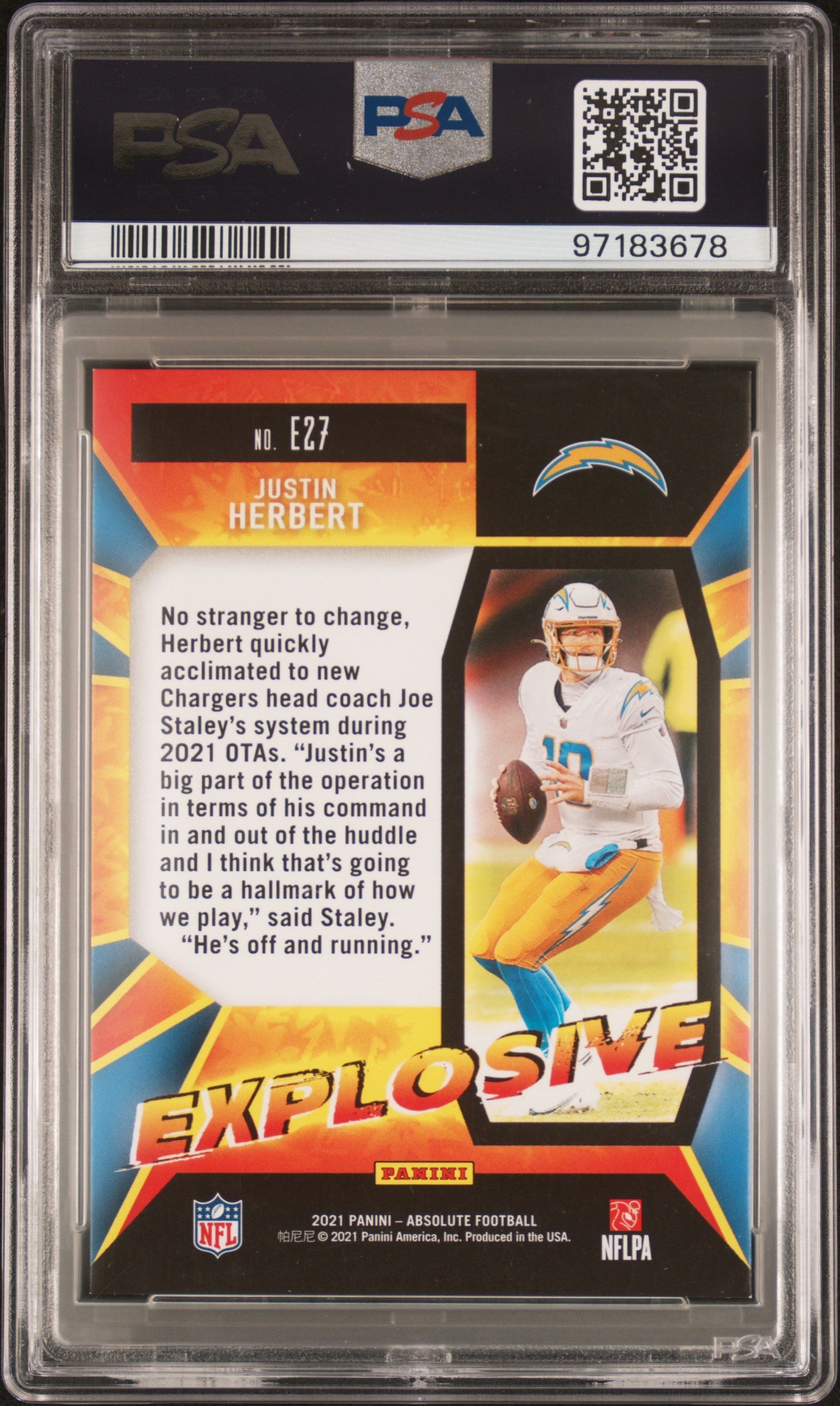 2021 Panini Absolute Explosive Gold Justin Herbert #27 /10 PSA 9