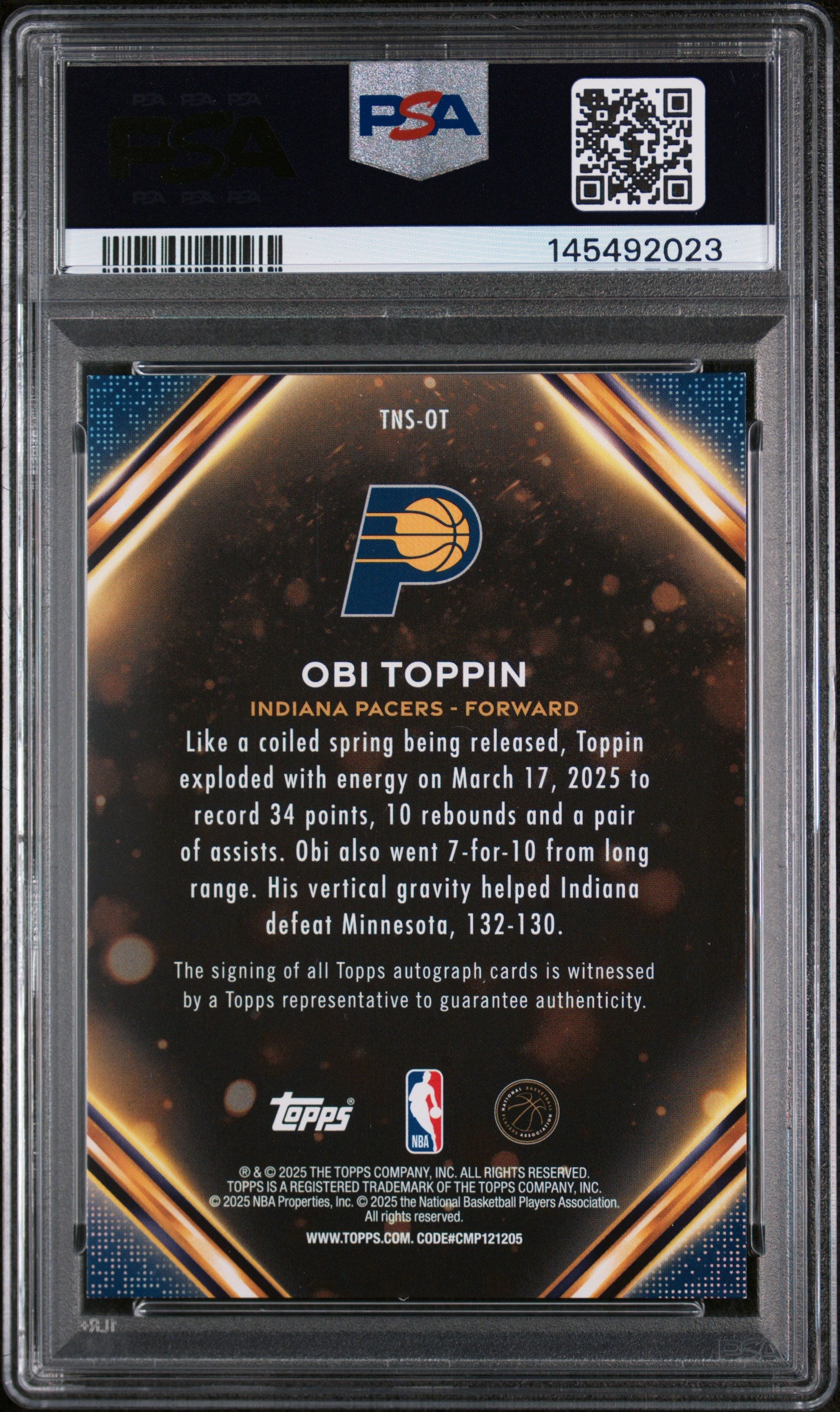 2025 Topps Topps Notch Signatures Gold Holo Foil Obi Toppin #TNS-OT /50 PSA 8