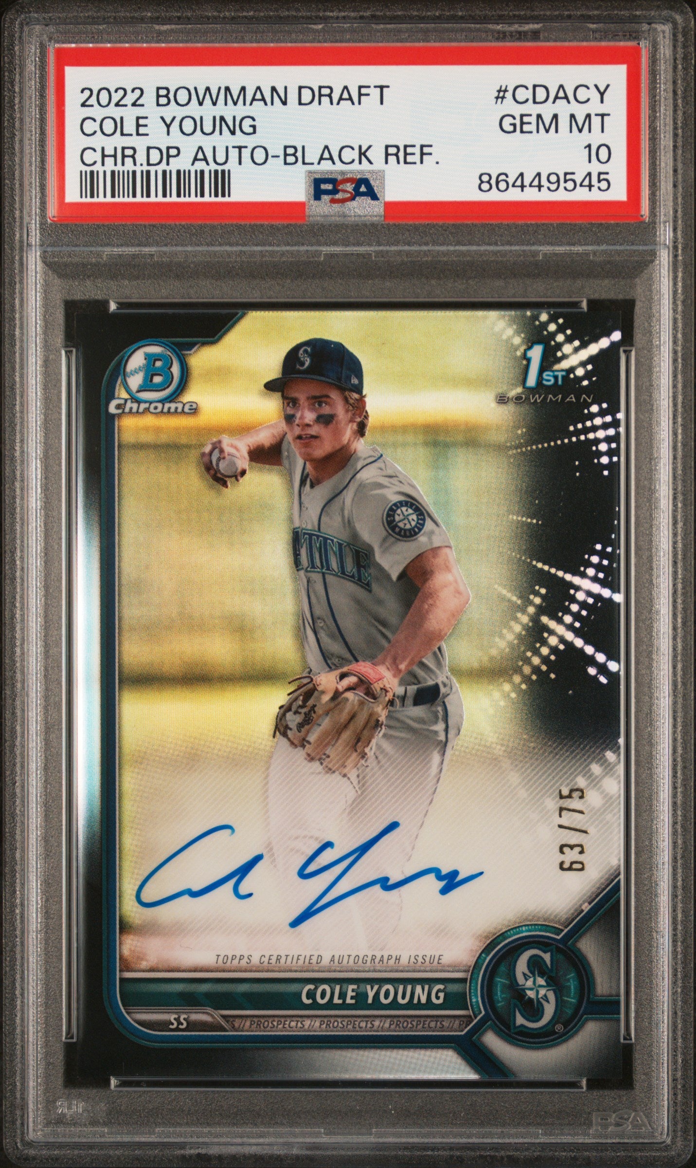 2022 Bowman Draft Chrome Autograph Black Refractor Cole Young #CDACY /75 PSA 10