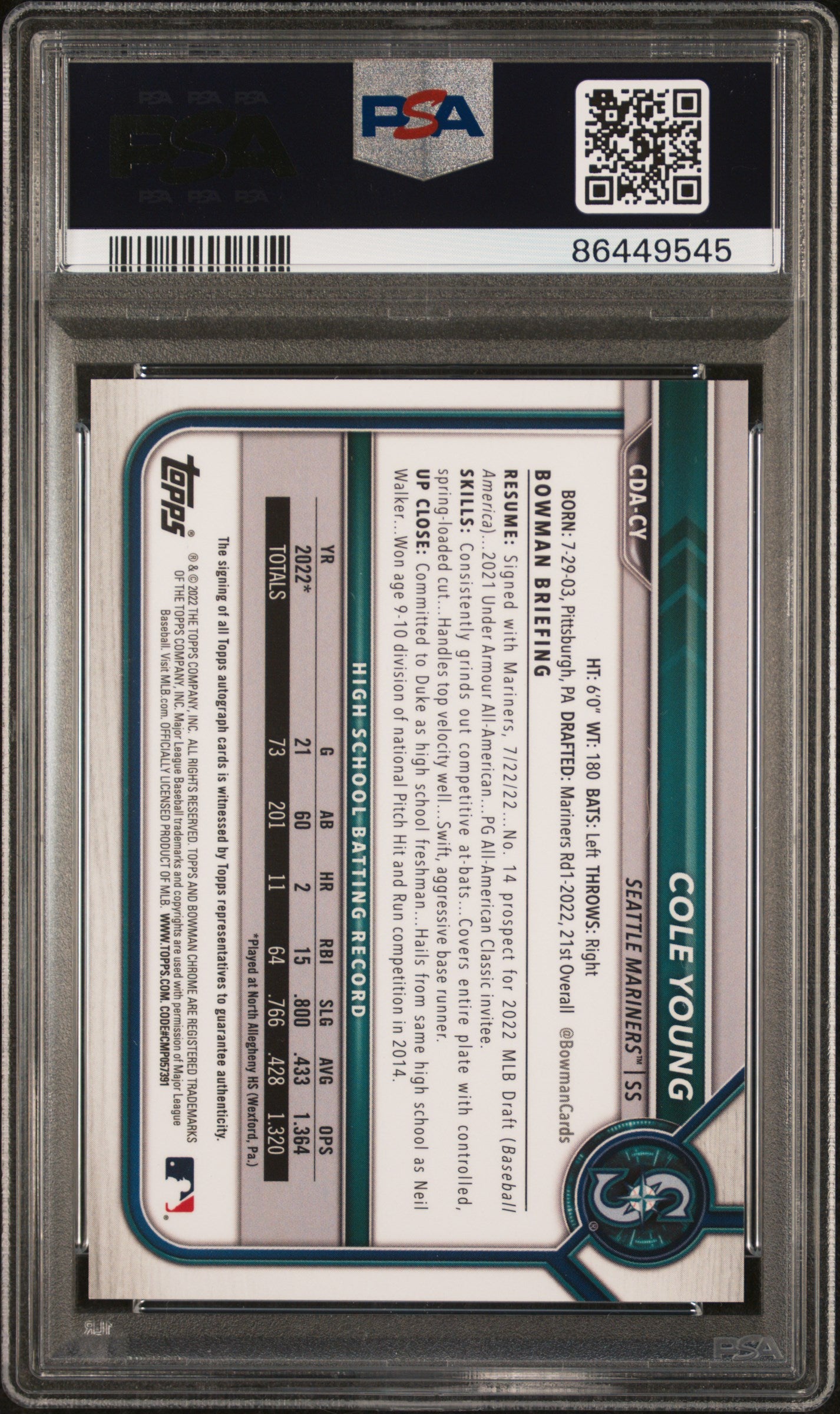 2022 Bowman Draft Chrome Autograph Black Refractor Cole Young #CDACY /75 PSA 10