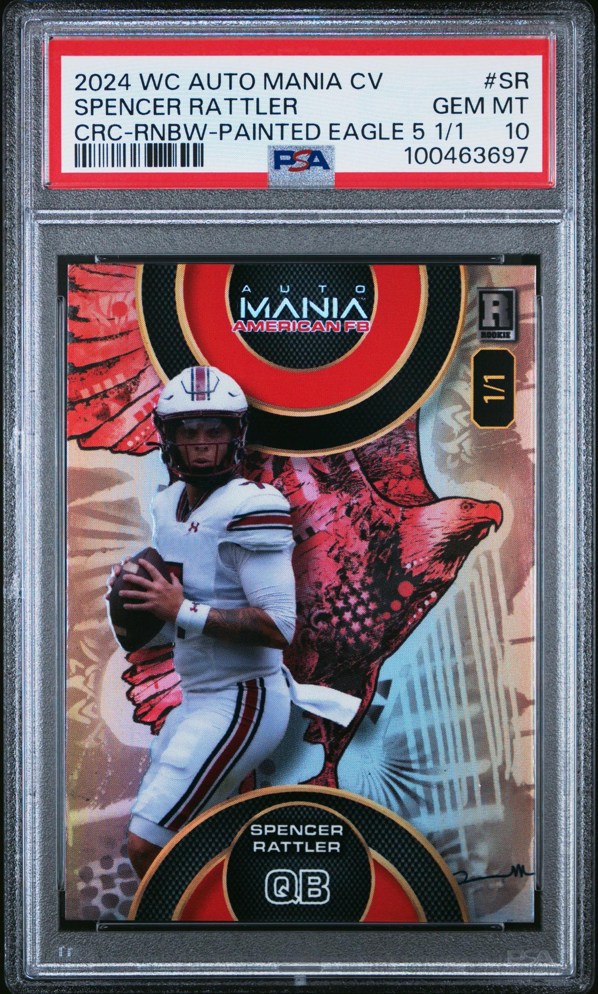 2024 Wild Card Auto Mania American Football Clearview National Exclusives Circle-Rainbow Foil-Painted Eagle 5 1/1 Spencer Rattler #SR PSA 10