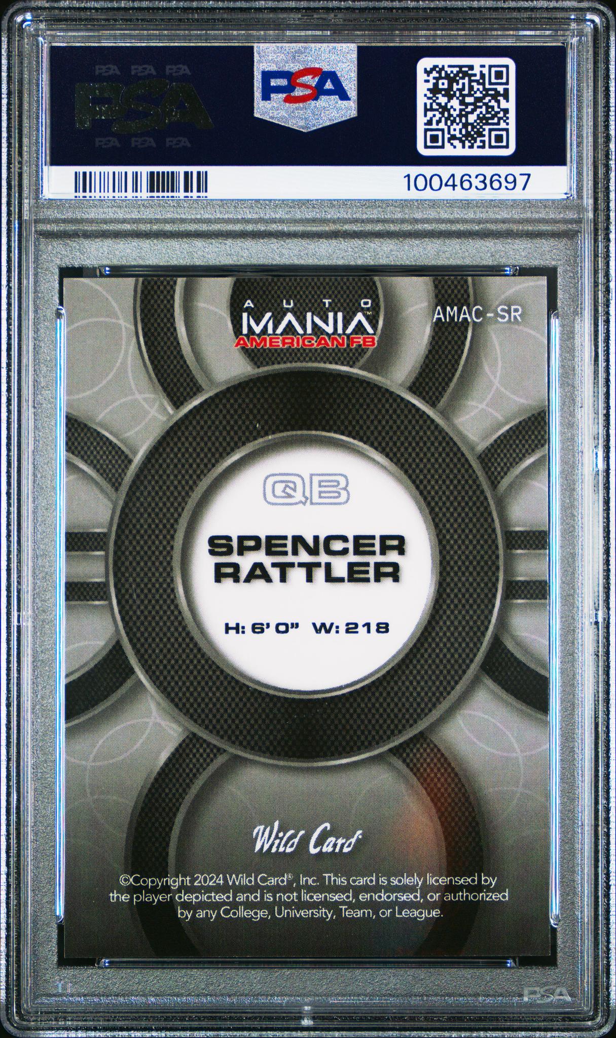 2024 Wild Card Auto Mania American Football Clearview National Exclusives Circle-Rainbow Foil-Painted Eagle 5 1/1 Spencer Rattler #SR PSA 10