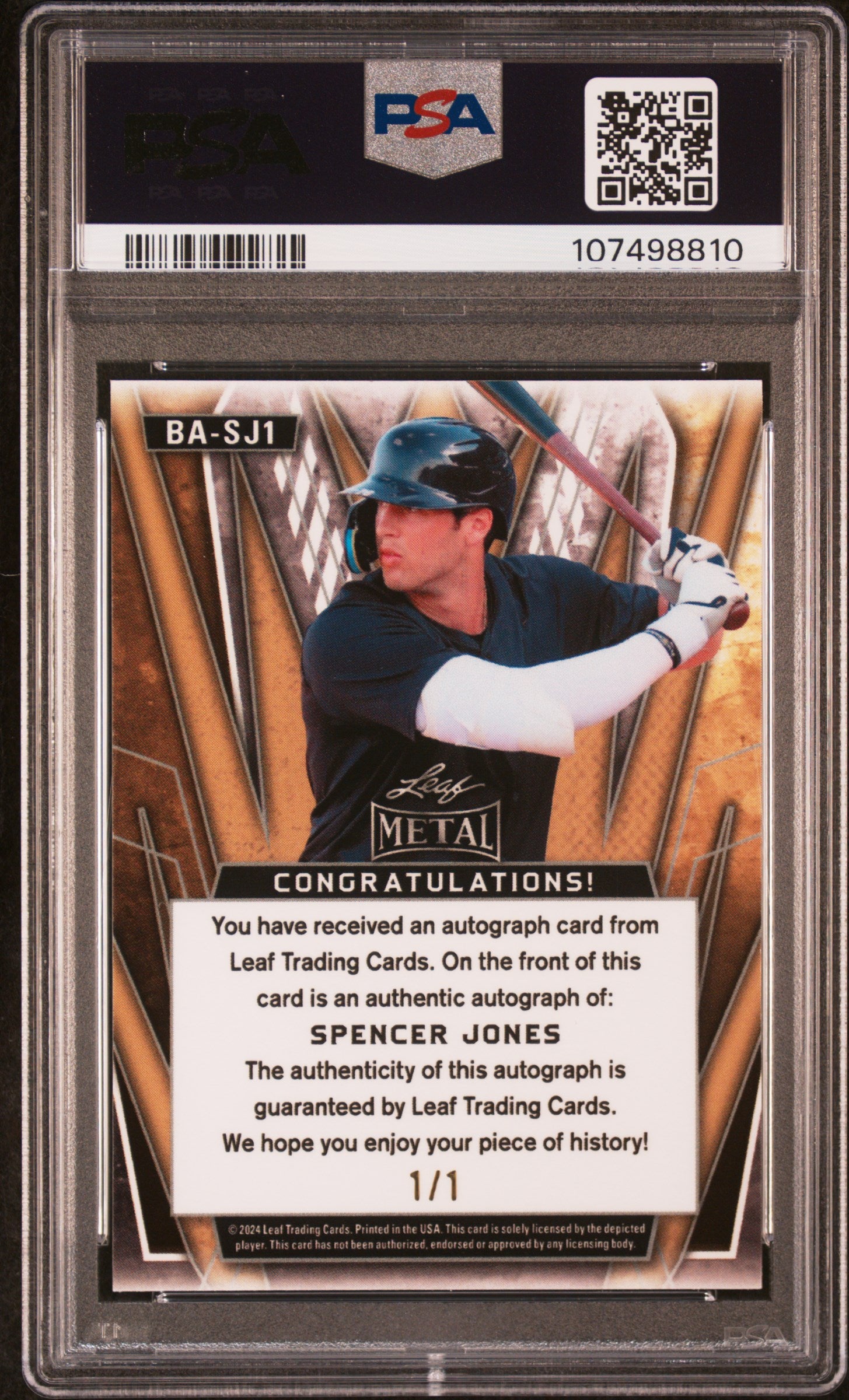 2024 Leaf Metal Autographs Fire 1/1 Spencer Jones #BASJ1 PSA 10
