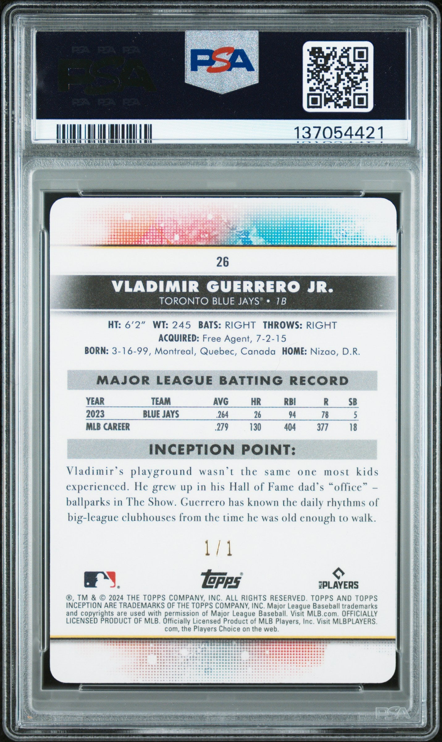 2024 Topps Inception Cyan Printing Plate 1/1 Vladimir Guerrero Jr. #26 PSA 10