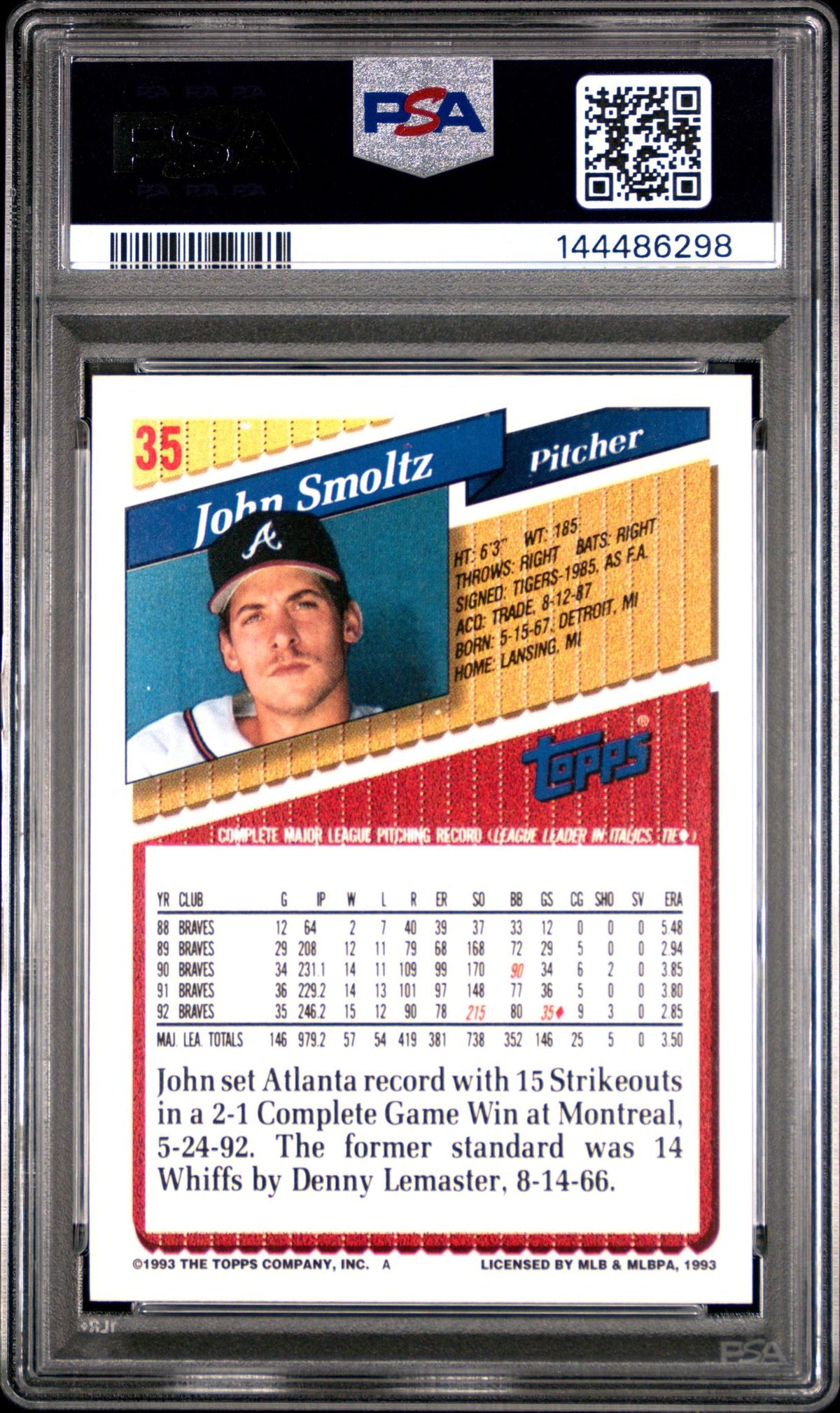 1993 Topps John Smoltz #35 PSA 8